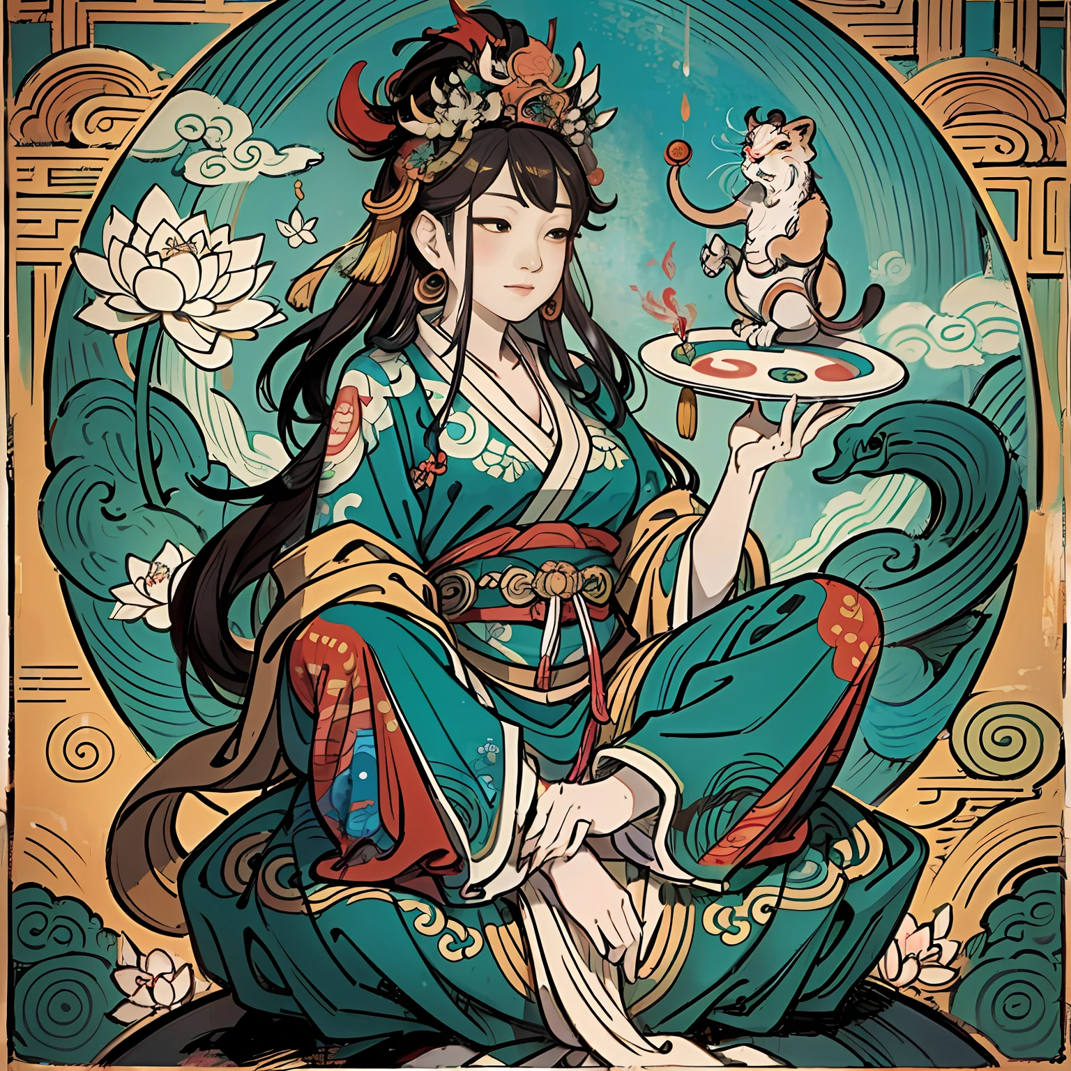 an ancient Chinese goddess, guanyin of the southern seas, Guanyin, Inspired by India, Avalokiteshvara rides a lion，,Serene expression,shui mo hua,Buddha,Buddhist,Lotus,Chinese painting style,Thangka style