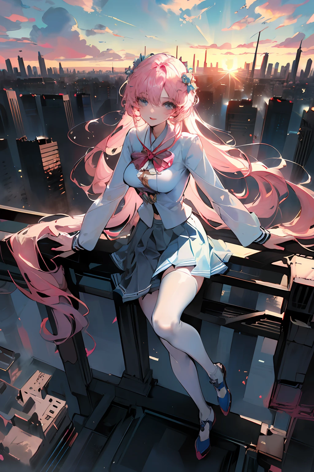 official art, masterpiece, sharp focus, (beautiful gorgeous cute Korean woman:1.3), (beautiful cute korean:1.3), korean beauty, Delicate and beautiful hair and eyes and face, realistic, ultra detailed, beautiful girl, blue sky, glow white particle, (sidelighting:1.2), sun light, white cloud, detailed clouds, slender, Lovely very large breasts and very large hips, smile with teeth, ((smile with eyes, open both eyes)), scenery, long straight hair, sexy facial expression, building, (cityscape:1.7), dynamic hair, long straight hair, detailed platinum pink hair, glow blue eyes, (blue pleated shirts + white skirt), white long socks, pale skin, hair ornament, epic scenery,