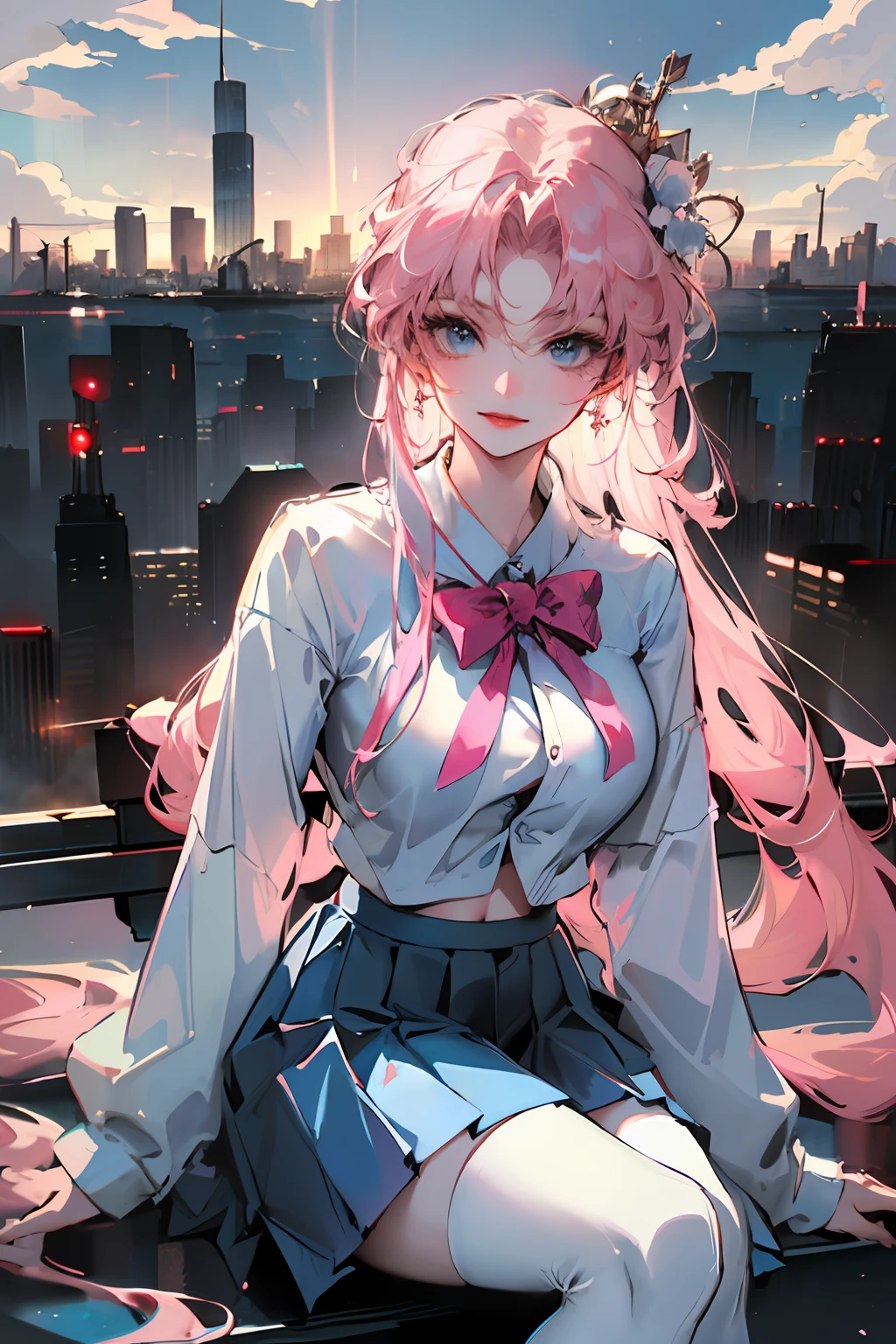 official art, masterpiece, sharp focus, (beautiful gorgeous cute Korean woman:1.3), (beautiful cute korean:1.3), korean beauty, Delicate and beautiful hair and eyes and face, realistic, ultra detailed, beautiful girl, blue sky, glow white particle, (sidelighting:1.2), sun light, white cloud, detailed clouds, slender, Lovely very large breasts and very large hips, smile with teeth, ((smile with eyes, open both eyes)), scenery, long straight hair, sexy facial expression, building, (cityscape:1.7), dynamic hair, long straight hair, detailed platinum pink hair, glow blue eyes, (blue pleated shirts + white skirt), white long socks, pale skin, hair ornament, epic scenery,