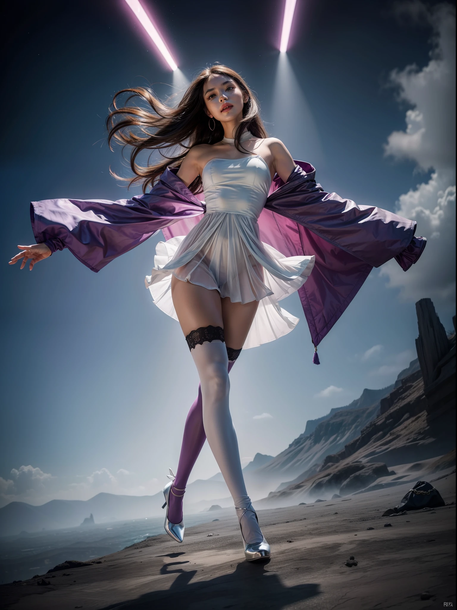 Splitting characters is prohibited，(Full body shot:1.3), Must show your face, anatomy correct, Dance on top of a mountain，The breath of nature，Polished pointed-toe heels must be worn,Patterned over-the-knee socks are mandatory， Keep your feet off the ground，（In pink|amarelo|blue colors|green color|red colour|white colors|black in color|purpleish color|greys|Beige|Flesh-colored）， COSPLAY，Many jewelry， A shallow laugh, Complex and diverse backgrounds，Strangling effect,hyper HD, Ray traching, reflective light，structurally correct, Award-Awarded, high detal, lightand shade contrast, Face lighting，cinmatic lighting, tmasterpiece, super detailing, high high quality, high detal, best qualityer, 16k