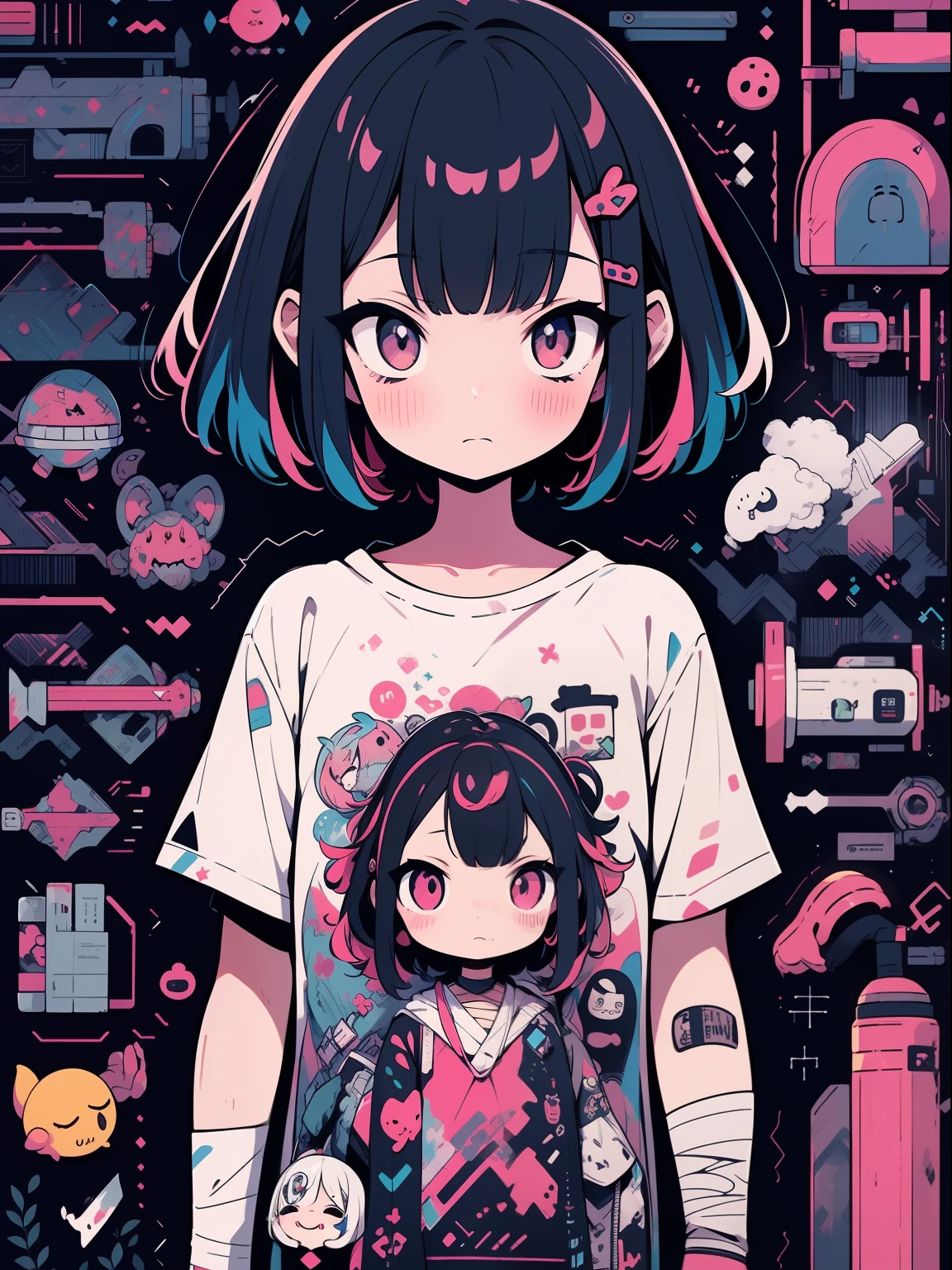 hightquality、neon color palette、high-level image quality、Kawaii Girl、Unprecedented amount of drawing、anime styled、Geometric pattern background、sticker style、short hair、dark hair、brown eyes, messy hair, menhera, bandages, loose clothing, baggy t-shirt, self harm, guro, dark, depressed, eye bags, heavy eyes, dark eyes, blood, creepy, eroguro, dark circles, neon, eye strain, glitch, retro, scary,