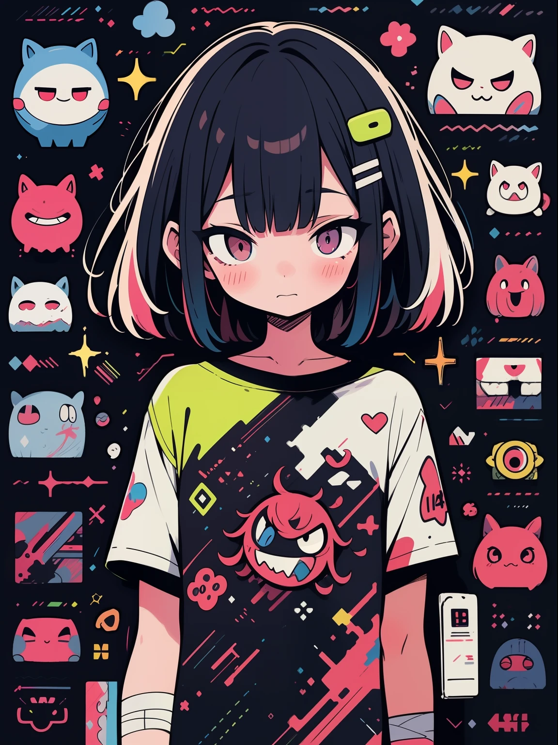 hightquality、neon color palette、high-level image quality、Kawaii Girl、Unprecedented amount of drawing、anime styled、Geometric pattern background、sticker style、short hair、dark hair、brown eyes, messy hair, menhera, bandages, loose clothing, baggy t-shirt, self harm, guro, dark, depressed, eye bags, heavy eyes, dark eyes, blood, creepy, eroguro, dark circles, neon, eye strain, glitch, retro, scary,