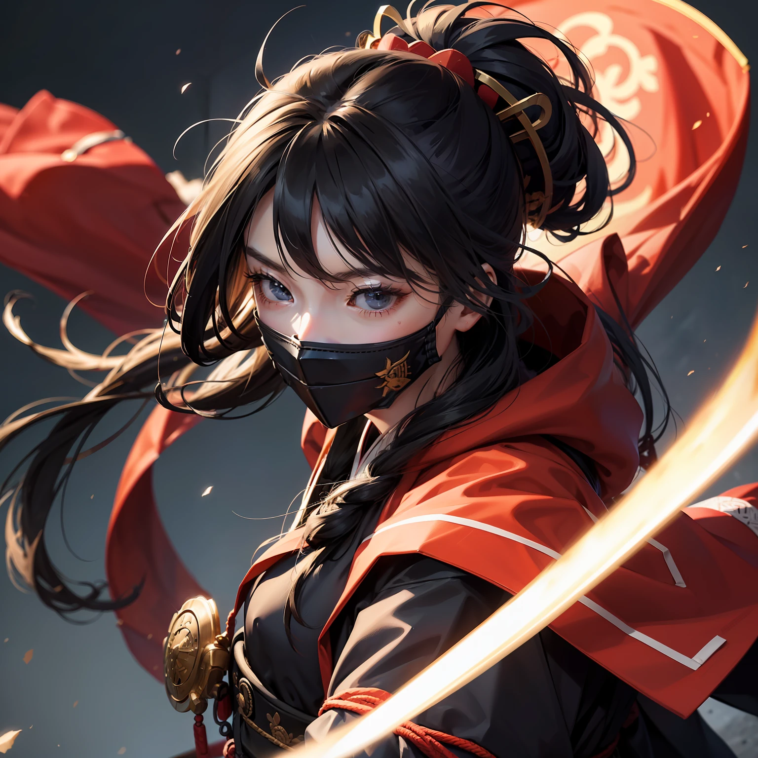 The hair: I have long hair.、Draw a style of tying or wrapping the hood back。Draw bangs and beard well、Expressing the appearance of a samurai。
outfits: Design traditional samurai attire、Designed to hide the mouth to match the mask, Kimono and hakama motifs、Create simple yet powerful images。
arma: Draw Japan sword, It is a representative weapon of the samurai。Carefully expresses the details of the blade and handle、Emphasize the power of the sword。
masks: Mask drawing to hide samurai face。The design of the mask is simple、Black, Red, etc.、It is better to choose strong shades。
Poses and facial expressions: Draw in a powerful pose、Expression of combat power。Because the expression of the mask is hidden、Express your character's emotions with your eyes。
Background with: Against the backdrop of Japan battle scenes and traditional landscapes。Minimize background details、Make your character the protagonist。
movement: Expressing the movement of wielding a sword、Add power and dynamism to your photos。Get creative with the flow of lines and shadows、Emphasize movement。