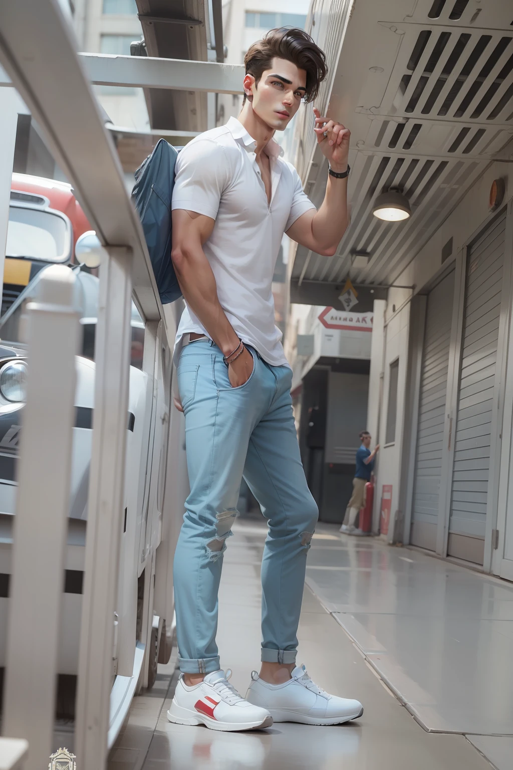 Convert into classic background and realistic handsome boy with girl and cars