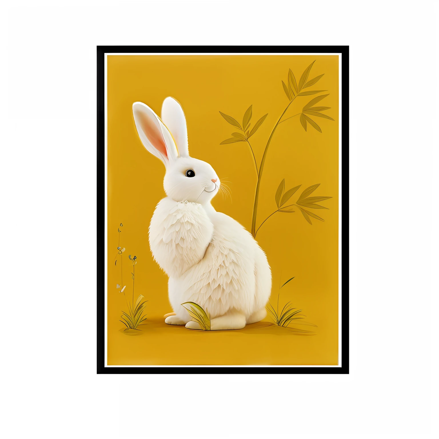 Close up of rabbit drawing on yellow background, White rabbit, anthropomorphic rabbit, Rabbit, author:Elizabeth Charleston, the white rabbit, Bunny, marc davis artwork, inspired by Ohara Koson, author:Joseph Badger, andi rusu, King, 2070s, folk art, marc davis, david mack