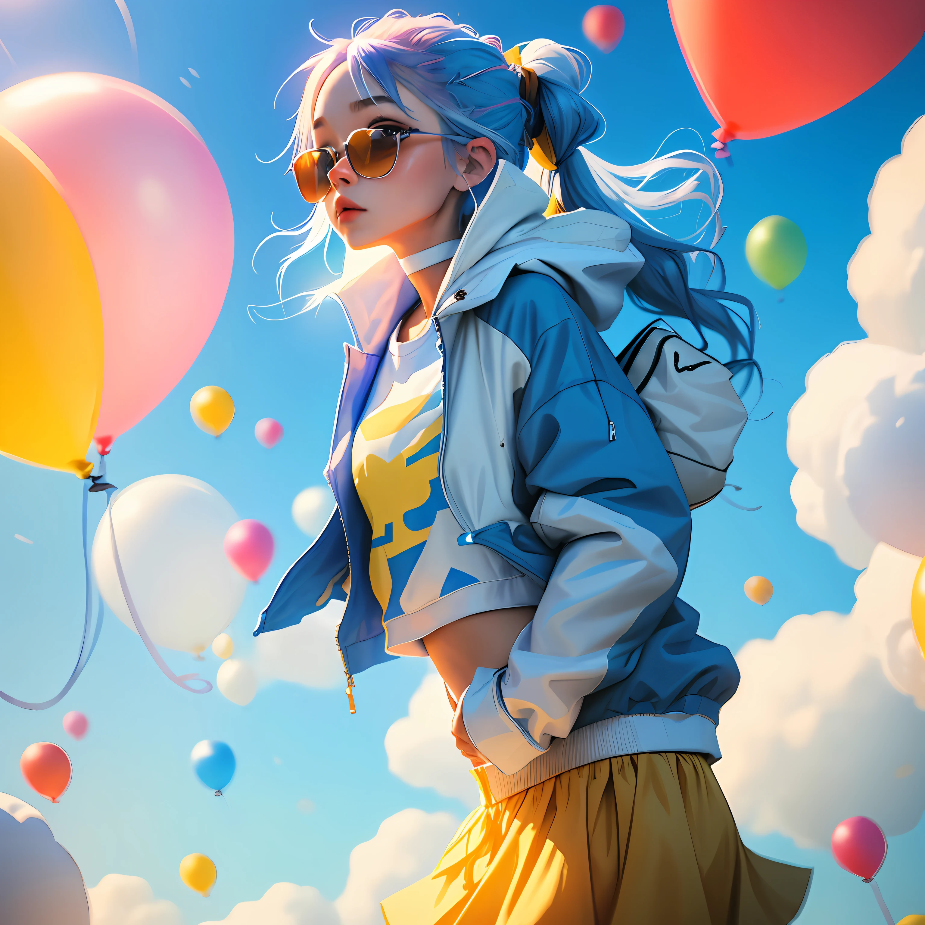Loli girl, beautiful and cute, wearing blue sunglasses, yellow jacket, white sweatshirt, lots of colorful balloons, baby face, chibi style, red and blue two-color hair, ponytail braided hair, perfect detail eyes, delicate face, perfect CG, HD picture quality, colorful balloons, sky,