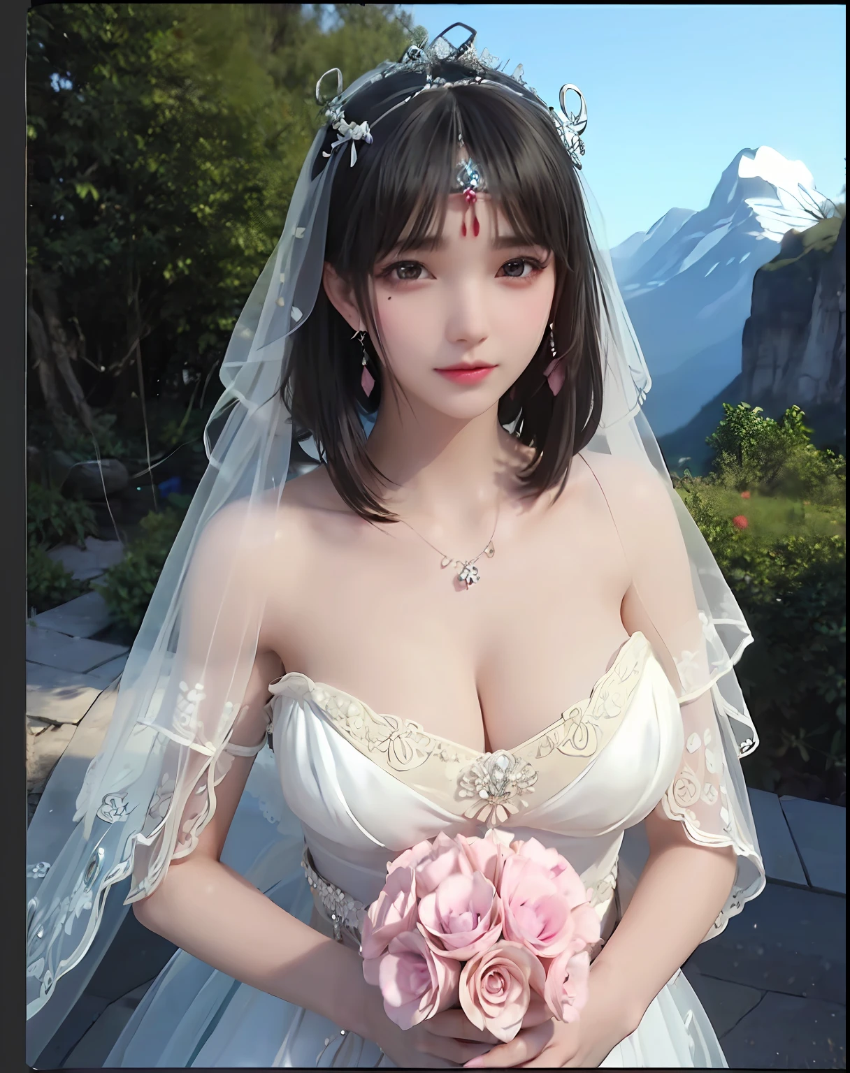 Beautiful bride,Wearing a very beautiful bridal dress，huge tit， Bust photo, (Bandeau wedding dress：1.5），（Silk dress：1.4）,（Strapless wedding dress：1.5）,White dress， Head flower，headdress，necklace，earring，Neck ornaments,（Bouquet，mitts，(Bridal veil:1.2）, (Forehead ornaments:1.3)，(Transparent veil:1.2) ，short length bangs ,lipstick,，Pink blush，purple eyeshadow，High detail RAW color art，Outdoors,Above the top of the mountain