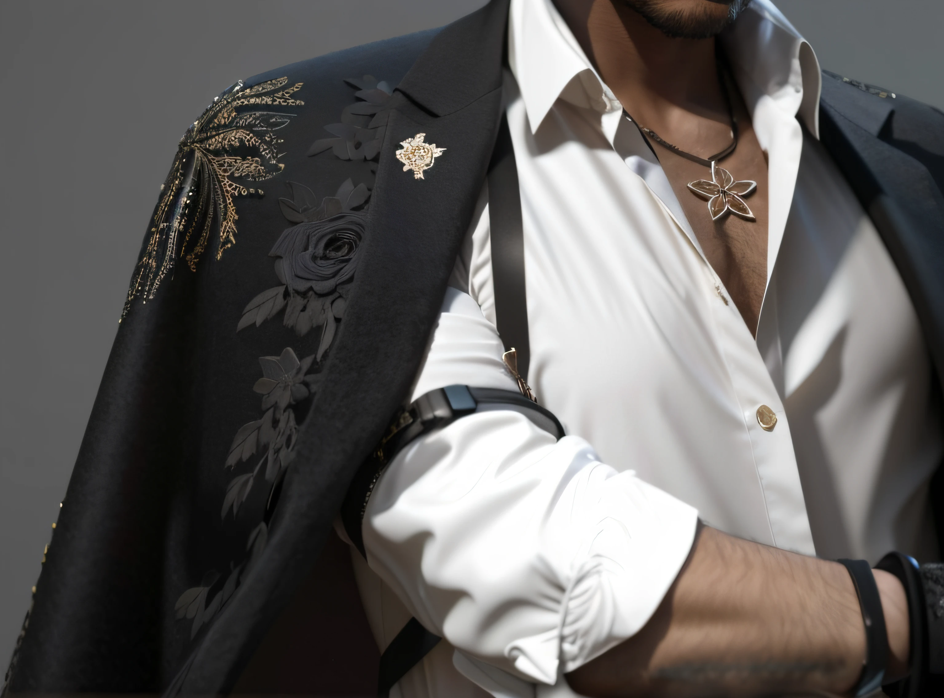 A man in a black suit with dark embroidery, gorgeous, sophisticated, understated, bloom, ((cold light)), sharp focus, photo realistic, detailed skin, background out of focus, cinematic composition , ultra-detailed, realistic , hyper-realistic , volumetric lighting, 8k, trending on artstation