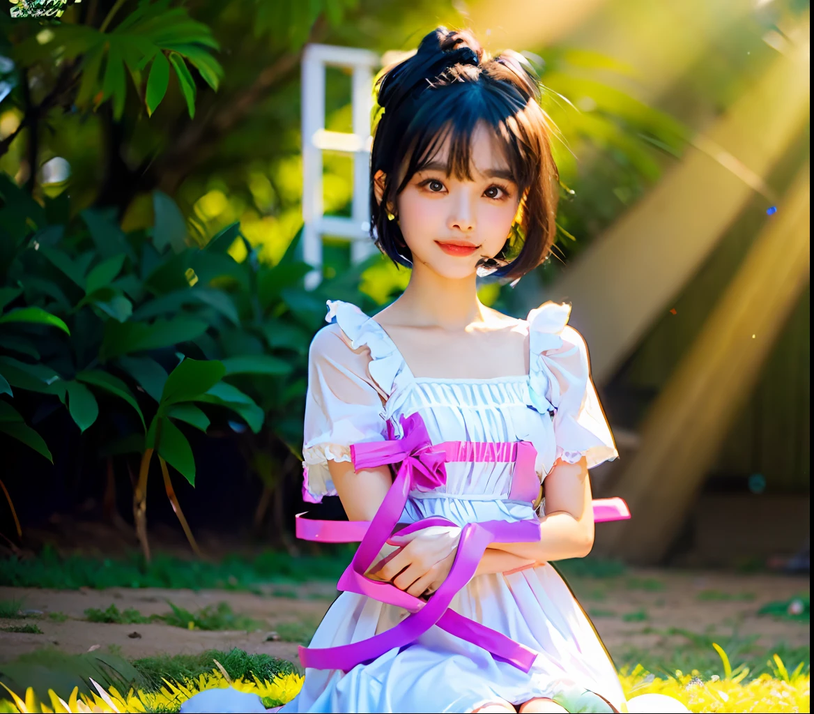 ((Masterpiece,Best quality)),1girll, Solo, Animal ears, Rabbit, Barefoot, Knees up, dress, Sitting, Rabbit ears, Short sleeves, view the viewer, Grass, Short hair, Smile, White hair, Puffy sleeves, Outdoors, puffy short sleeves, bangs, on ground, full bodyesbian, Animal, White dress, Sunlight, Brown eyes, Dappled sunlight, day, Depth of field ,Wet gorund,