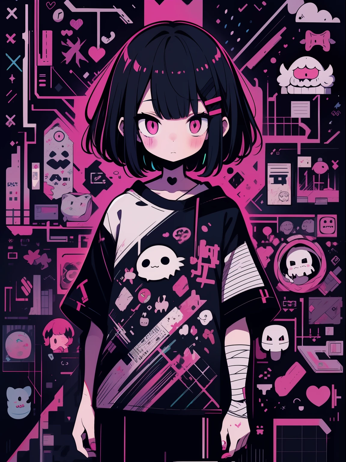 hightquality、neon color palette、high-level image quality、Kawaii Girl、Unprecedented amount of drawing、anime styled、Geometric pattern background、sticker style、short hair、dark hair、brown eyes, messy hair, menhera, bandages, loose clothing, baggy t-shirt, self harm, guro, dark, depressed, eye bags, heavy eyes, dark eyes, blood, creepy, eroguro, dark circles, neon, eye strain, glitch, retro, scary, demon, eyeball, ghost, horror, bloodied, colourful blood, glitch