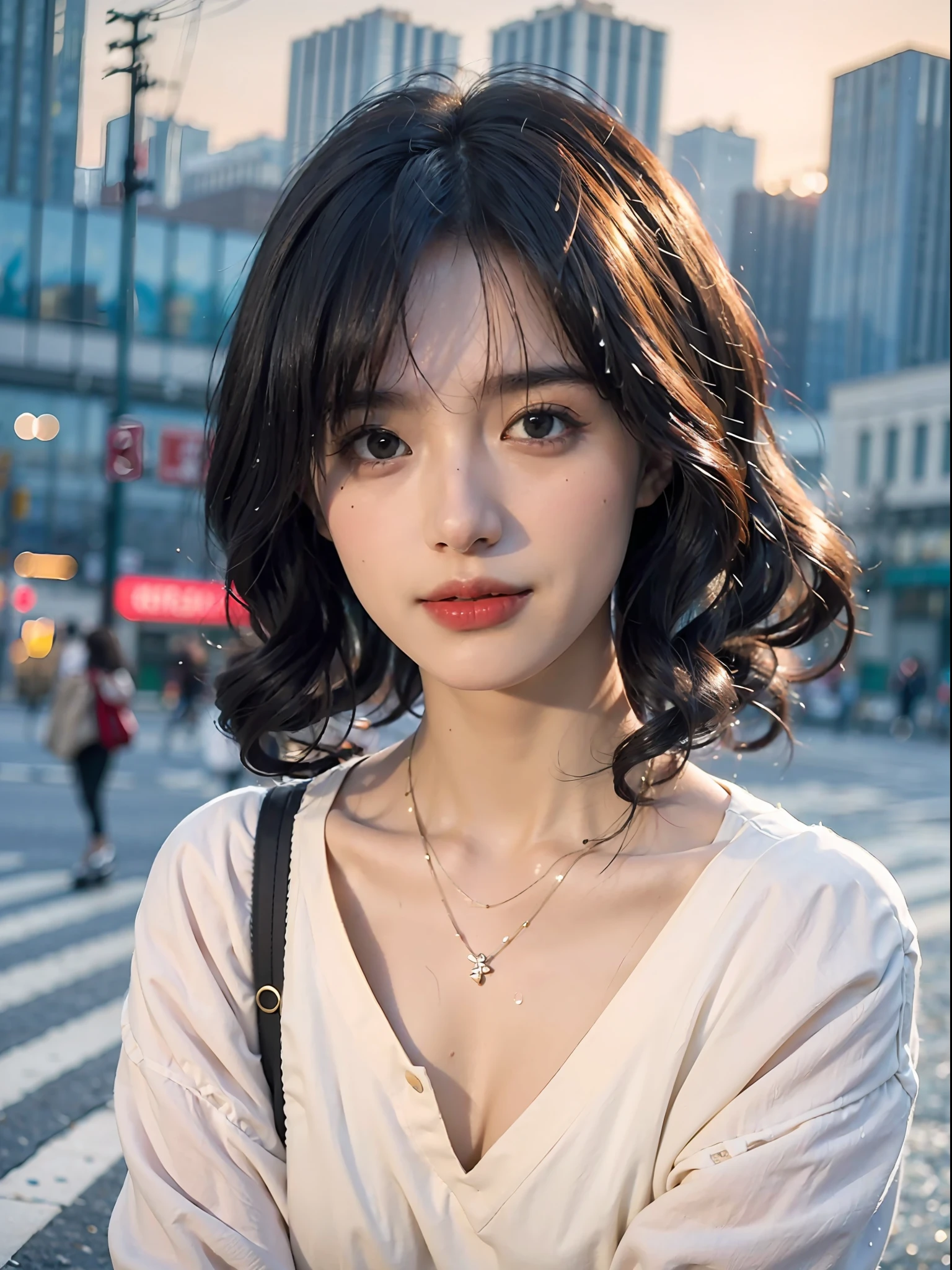 Random posture, mix4,(8k, RAW photo, best quality, masterpiece:1.2), (realistic, photo-realistic:1.37),1girl,cute,cityscape, night, rain, wet, professional lighting, photon mapping, radiosity, physically-based rendering,, gradient black colour hair,, White hair, short curly hair, handsome, girl, white ball suit, top quality picture, high resolution, 1080p, (clear face), (detailed facial description), (detailed hand description), (masterpiece), (exquisite CG), extreme light and shadow, messy hair, master's work, rich details, (fine facial features), (highest quality picture), (masterpiece), (detailed eyes),Look ahead with your eyes,Fine collarbone