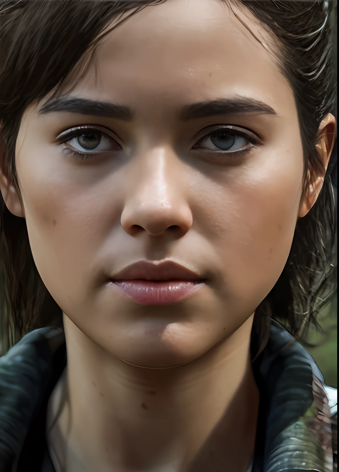 (the last of us:0.9), (Ellie:0.9), natural hair, realistic portrait, 4k, supreme detail, highly detailed, artstation, smooth, sharp focus, cinematic lighting, facing the camera, dark studio, rim lighting, two tone lighting, dimly lit, low key,