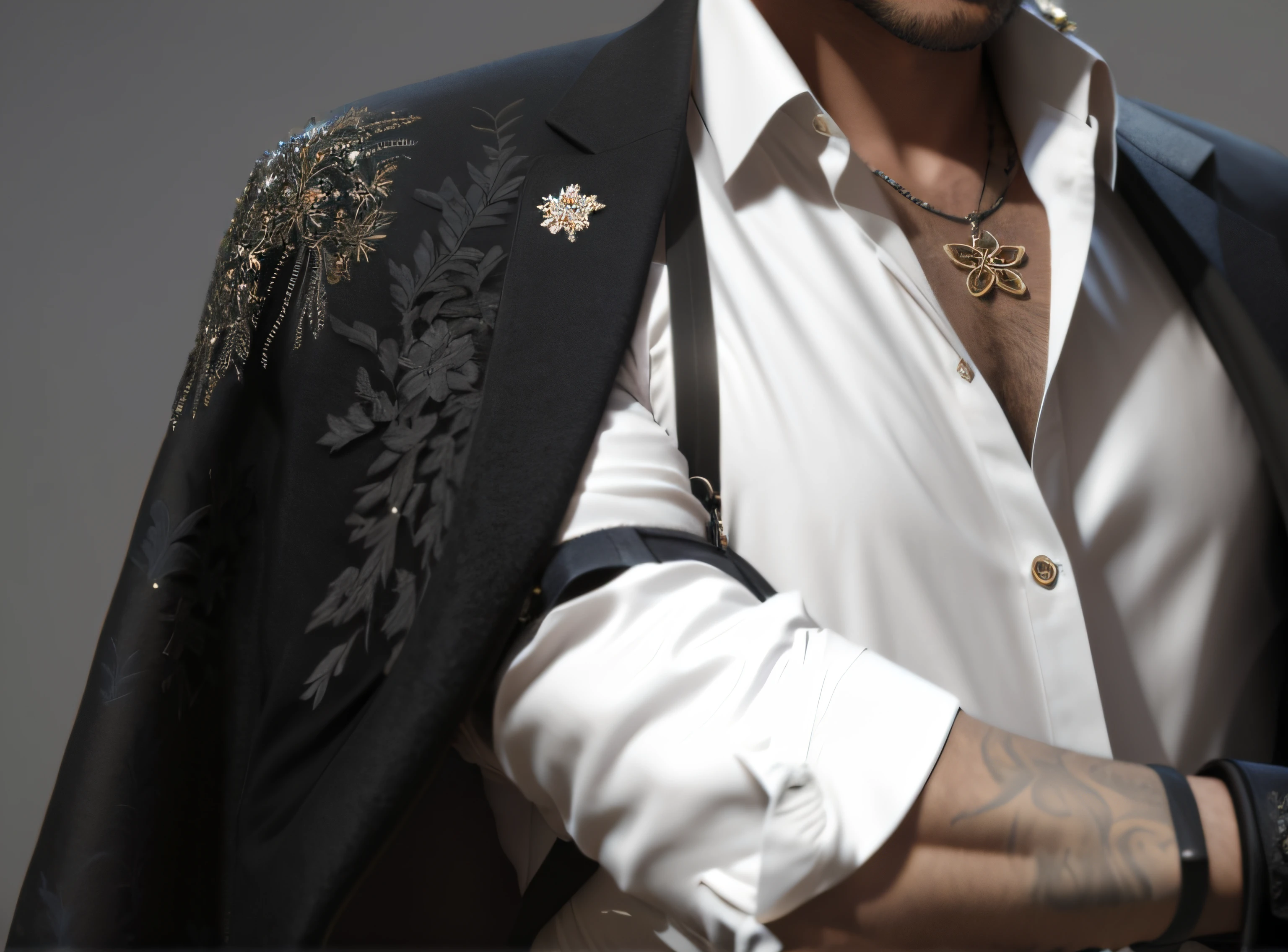 A man in a black suit with dark embroidery, gorgeous, sophisticated, understated, bloom, ((cold light)), sharp focus, photo realistic, detailed skin, background out of focus, cinematic composition , ultra-detailed, realistic , hyper-realistic , volumetric lighting, 8k, trending on artstation