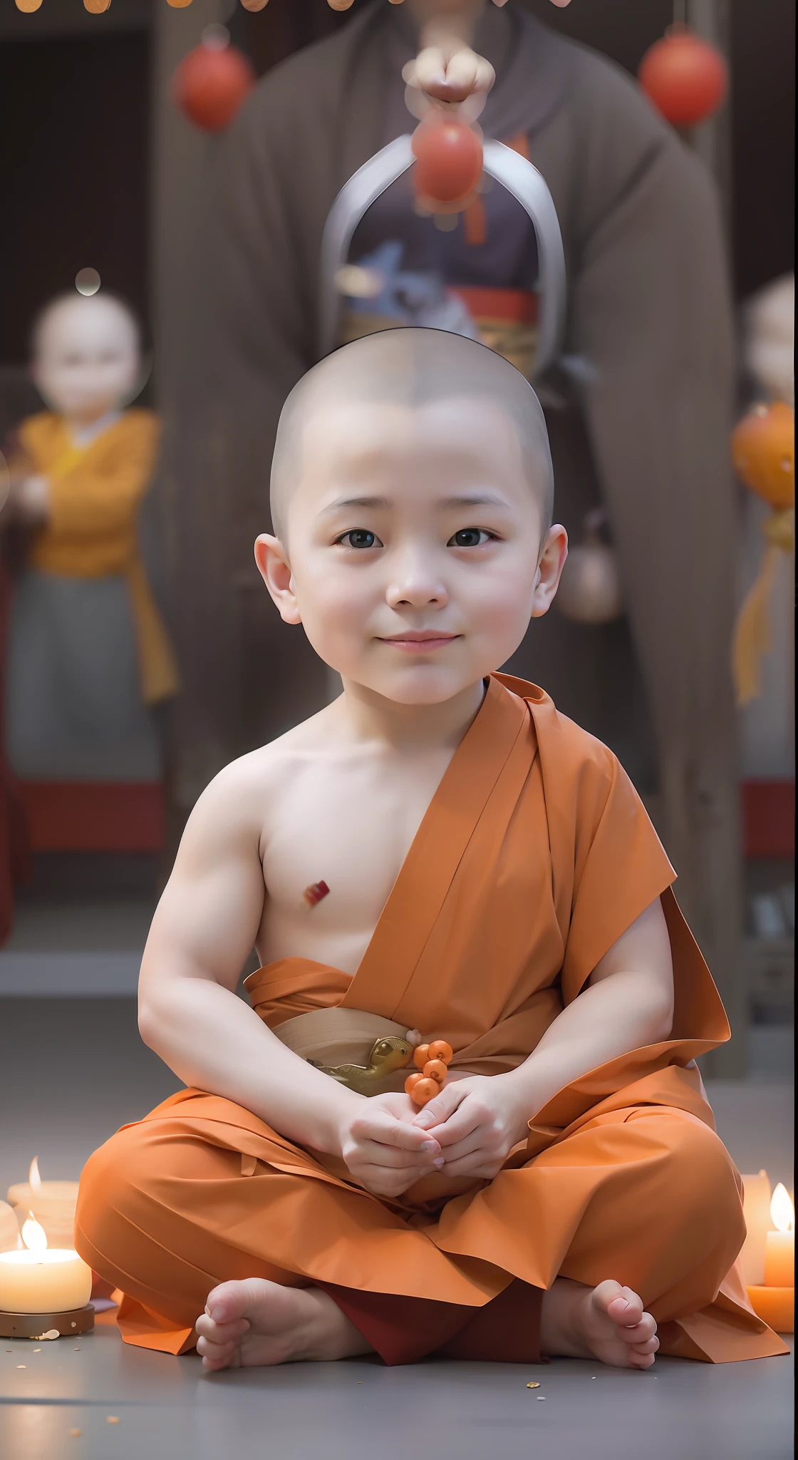 The little monk holds a Buddha bead in his left hand,Knock the wooden fish with your right hand