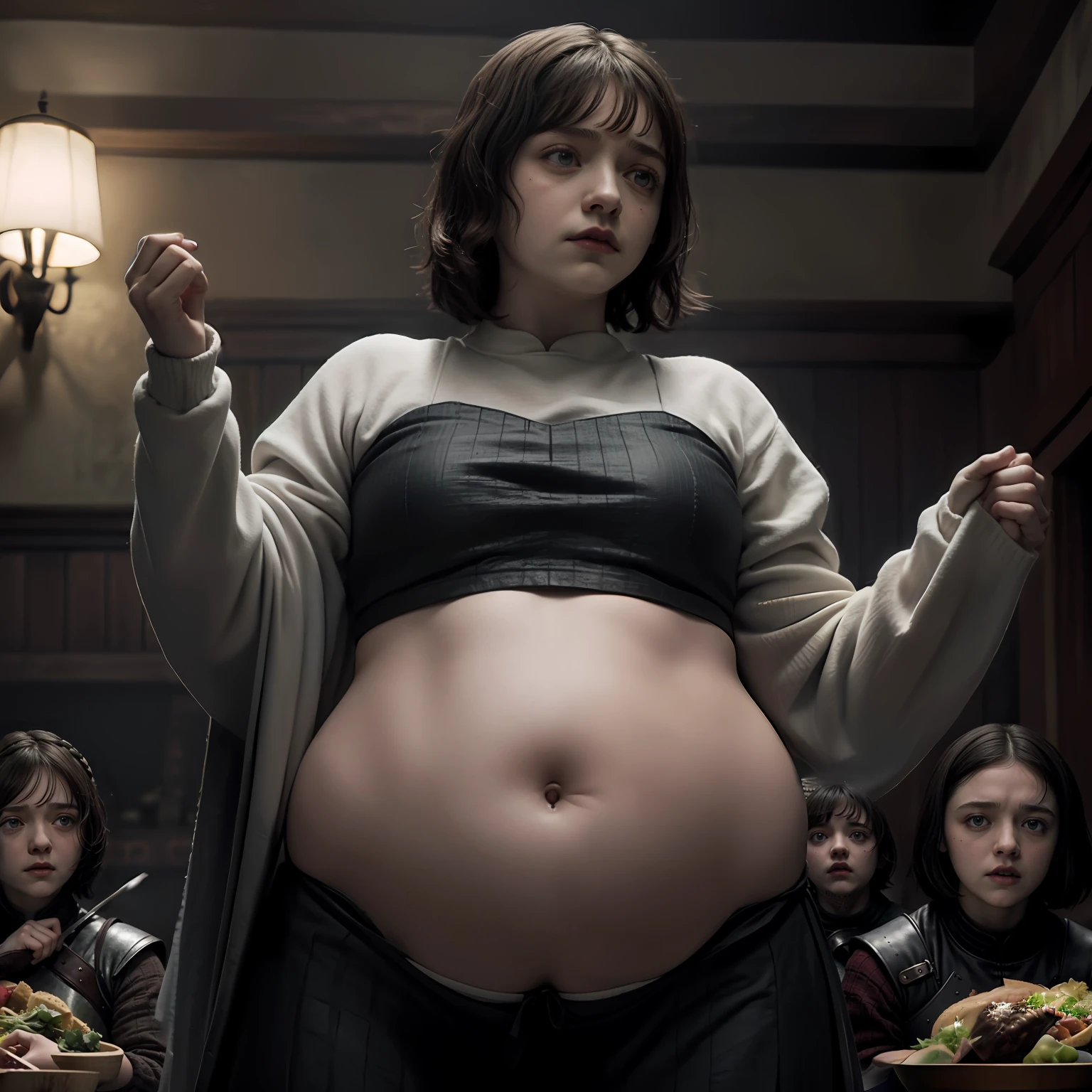 Arya Stark with another girl from Game of Thrones with her little crop top, mostrando su enorme barriga descubierta, estomago grande, No cubra el vientre, Small clothes, vientre gordo, barriga grande, un solo ombligo, intestino grueso, tripa grande rellena, Hiperrealista, Plano completo, no muscle, gran barriga rellena, vientre gordo, comer mucha comida, Midriff vestido, Enorme barriga/Vientre lleno de comida, Juego de Tronos, Como si fuera un episodio de Juego de Tronos.