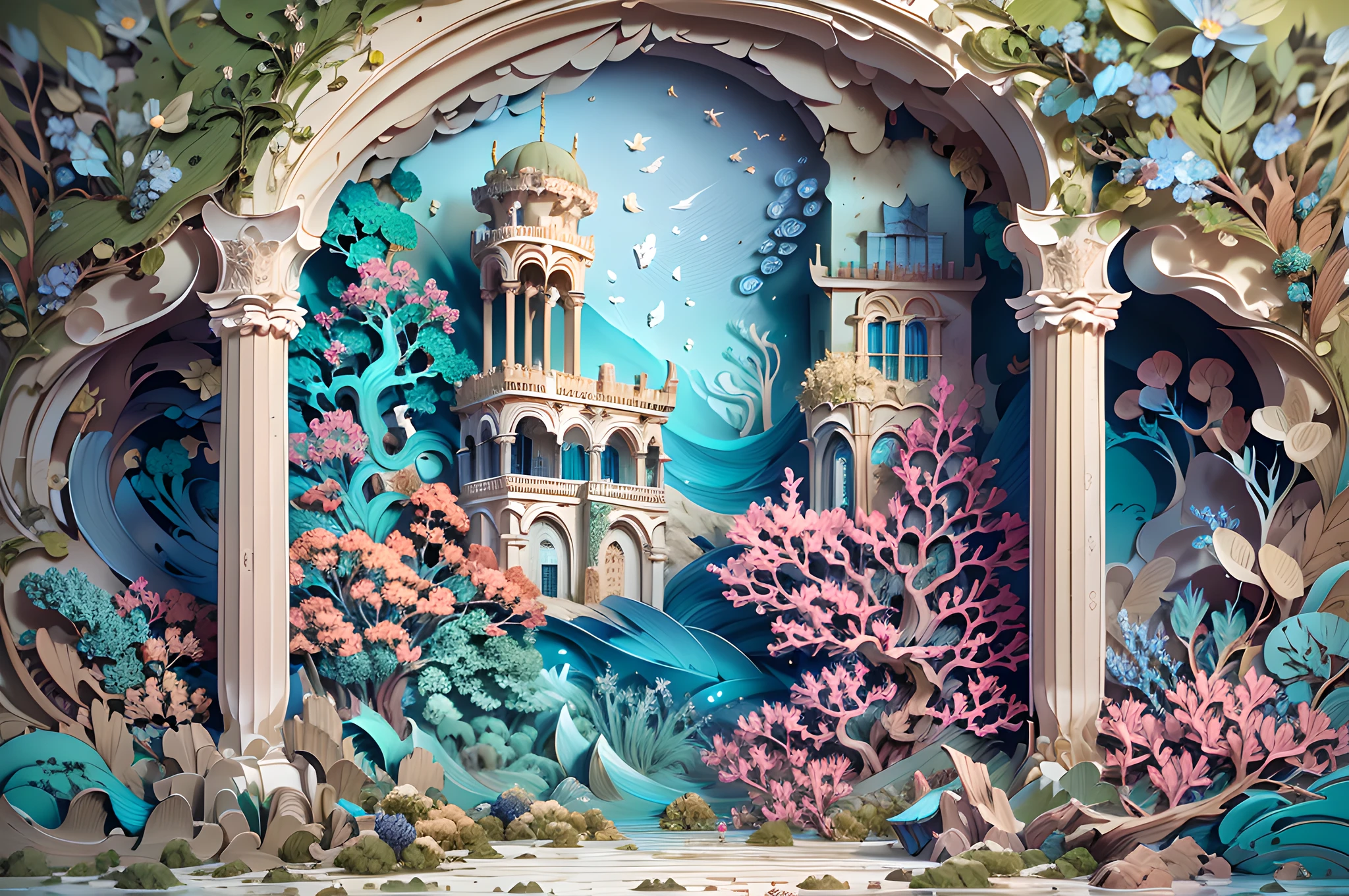 (((masterpiece))),best quality, illustration, best quality exquisite details,3d rendering,Octane render, paper_cut. Beside a pumice isle in Baiae's bay, And saw in sleep old palaces and towers, Quivering within the wave's intenser day, All overgrown with azure moss and flowers. Ode to the West Wind BY PERCY BYSSHE SHELLEY