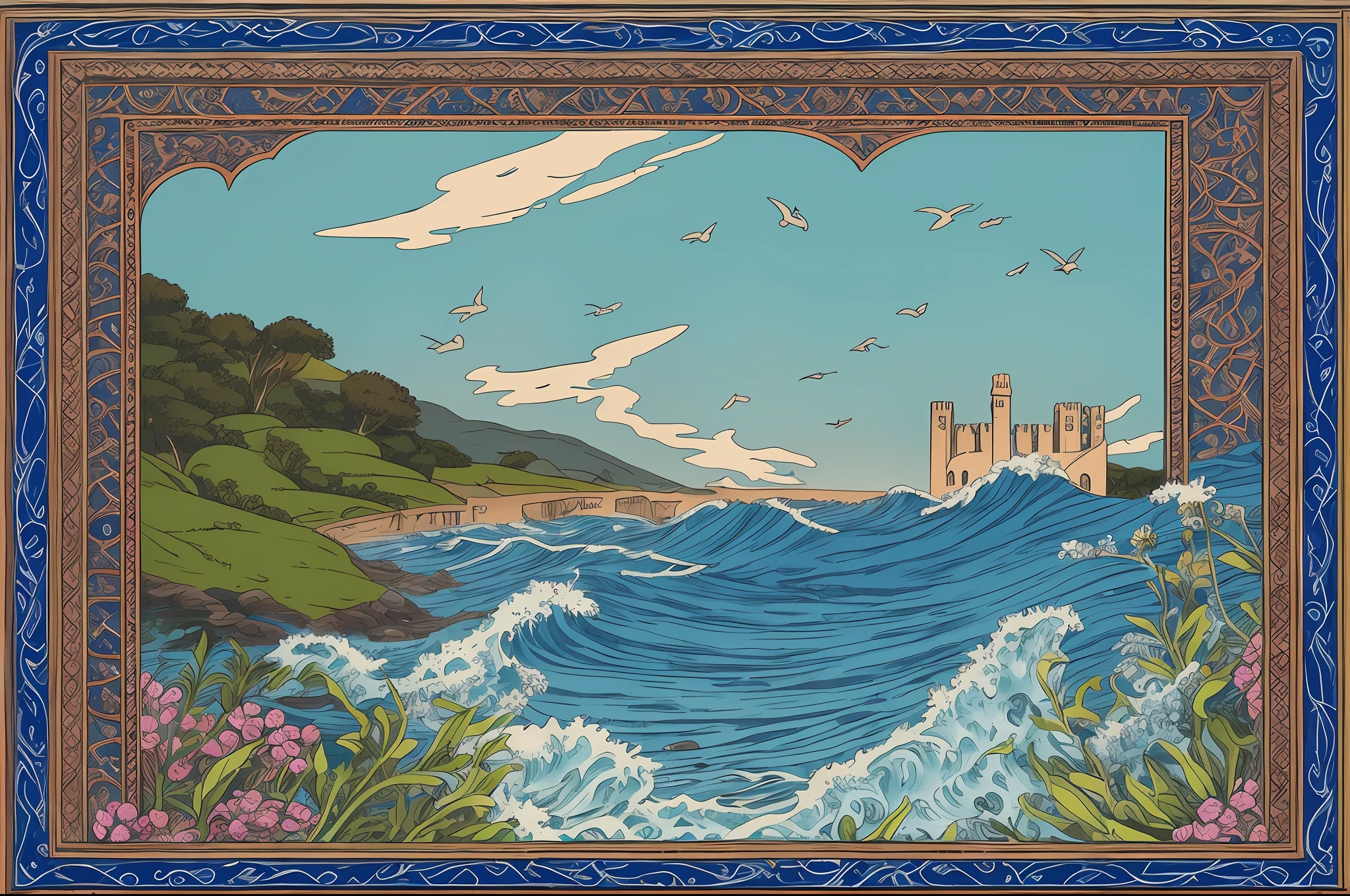 illustration of the poem Ode to the West Wind that reads "Next to an island of pumice stone in the Bay of Baiae, And I saw in dreams old palaces and towers Trembling inside the most intense day of the wave, All covered in blue moss and flowers." written by POR PERCY BYSSHE SHELLEY
