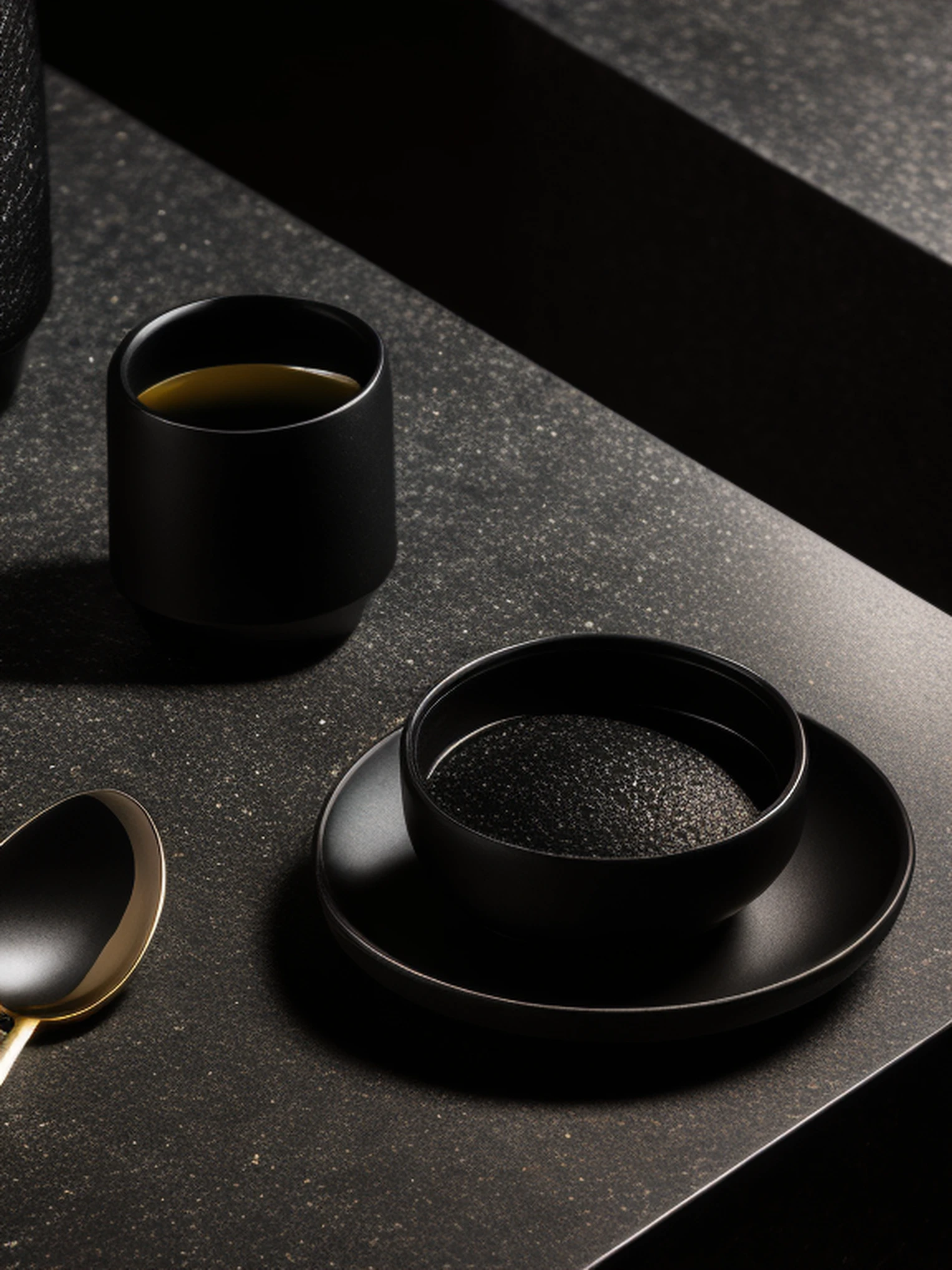 bird eye shot of pair of black shade on a granite desk