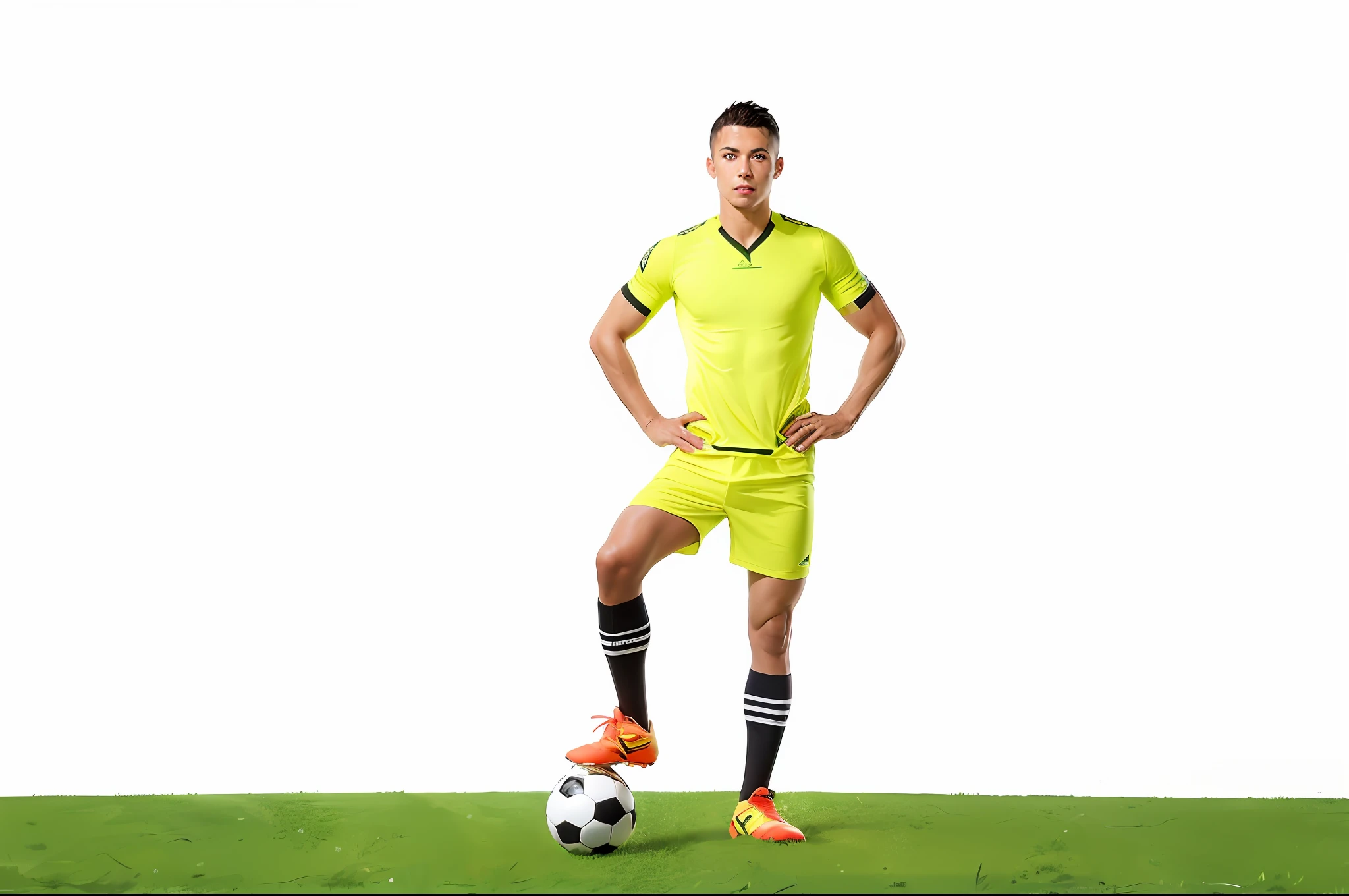 Arapei footballer in yellow uniform standing on football, soccer player, soccer player, in school uniform, young man with short, play soccer, professional sports style, Golden football shorts, full body wide shot, wearing knee and elbow pads, Footballer Cristiano Ronaldo, On white background, sport outfit, man standing in defensive pose, wearing a volleyball jersey