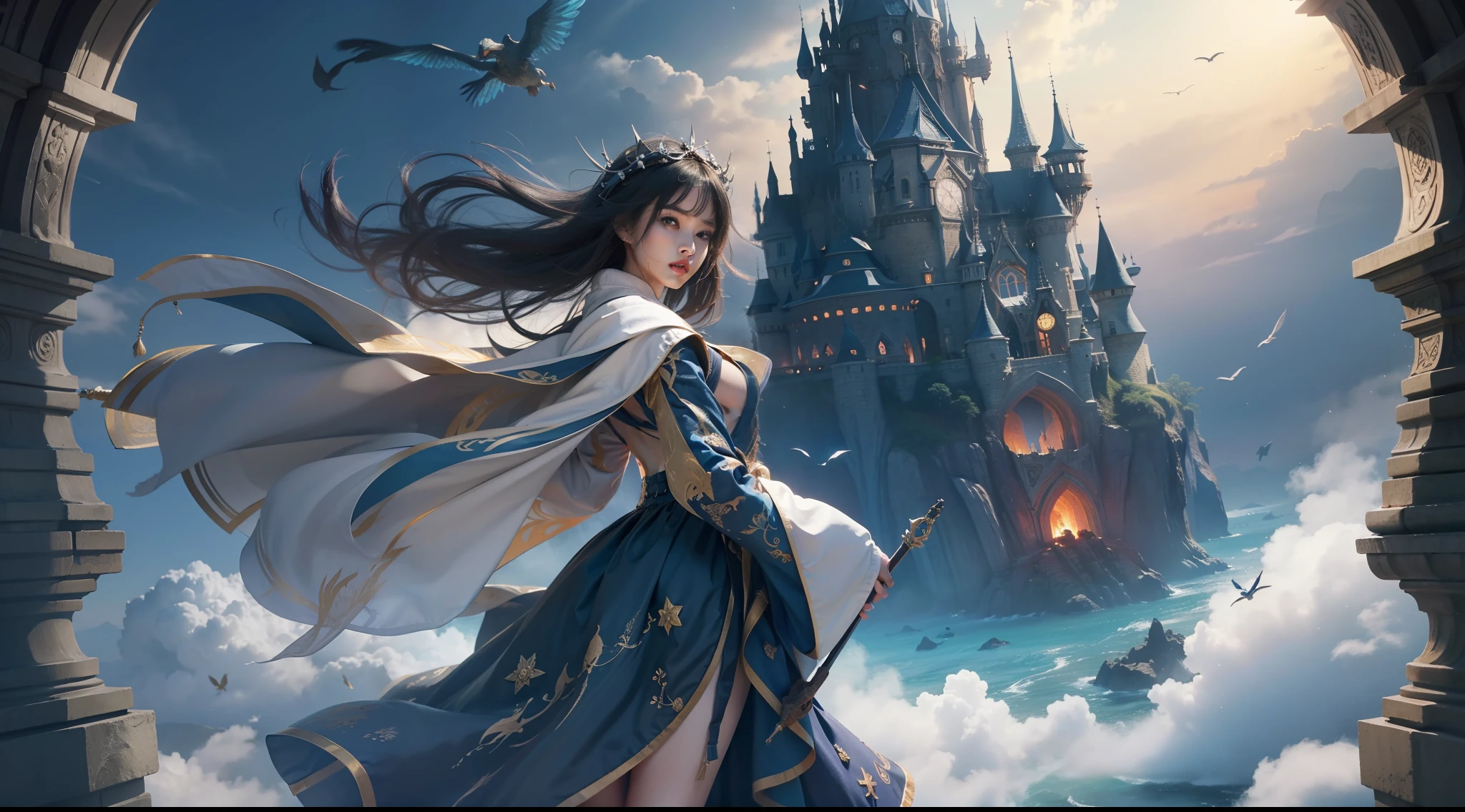 Above the rising clouds,Night, Dark, (Fantasy),infinite,deep blue sky,The abyss of knowledge,Cowledge,((masutepiece)), (((Best Quality))),((Beautiful fine eyes)),(Eye lashes)、Realistic clouds、Very beautiful face、The ultra -The high-definition、high fantasy castle、Beautiful girl with a huge golem、(1人)、Black hair、The long-haired、abyss eyes、glowy skin、oils、small tits、Perfect human body structure、Wizard robes、der riese、tattered cloth、Realistic coat、Tee、Super delicate CG Unity 32k wallpaper、photoRealstic、masterpiece, ((ultra-detailliert)), ((illustratio)),colourfull,wall-paper,The energy,Unknown terror,Incomprehensible,Around the magic,Magical surroundings,magic wands,Boken,Flying pages,Know everything,Predict the future、Get to know the past、Infinite wisdom、blue flames、Warlock、magic circles、Pentagram、Spells、mantra、Singing magic