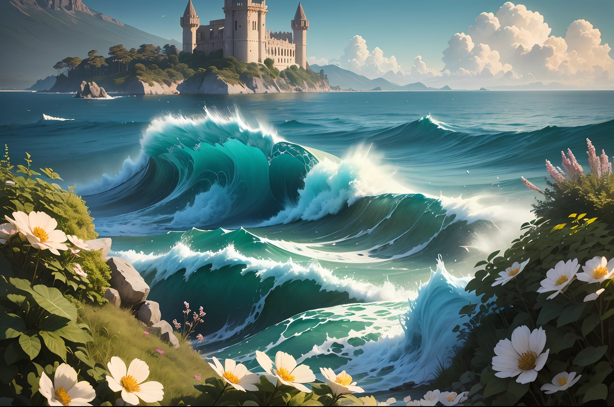"Illustration of an image inspired by the poem 'Ode to the West Wind' by Percy Bysshe Shelley. The image must represent an island of pumice in the Bay of Baiae, with old palaces and towers trembling within the most intense day of the wave , all covered with blue moss and flowers".