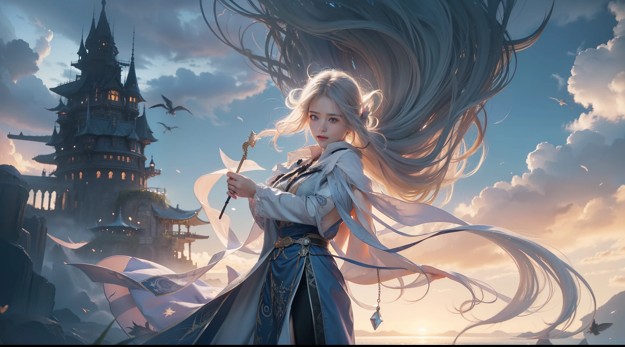 Above the rising clouds,Night, Dark, (Fantasy),infinite,deep blue sky,The abyss of knowledge,Cowledge,((masutepiece)), (((Best Quality))),((Beautiful fine eyes)),(Eye lashes)、Realistic clouds、Very beautiful face、The ultra -The high-definition、high fantasy castle、Beautiful girl with a huge golem、(女の子1人)、Black hair、The long-haired、abyss eyes、glowy skin、oils、small tits、Perfect human body structure、Wizard robes、der riese、tattered cloth、Realistic coat、Teenchi、Super delicate CG Unity 32k wallpaper、photoRealstic、​masterpiece, ((ultra-detailliert)), ((illustratio)),colourfull,wall-paper,The energy,Unknown terror,Incomprehensible,Around the magic,Magical surroundings,magic wands,Boken,Flying pages,Know everything,Predict the future、Get to know the past、Infinite wisdom、blue flames、Warlock、magic circles、Pentagram、Spells、mantra、Singing magic