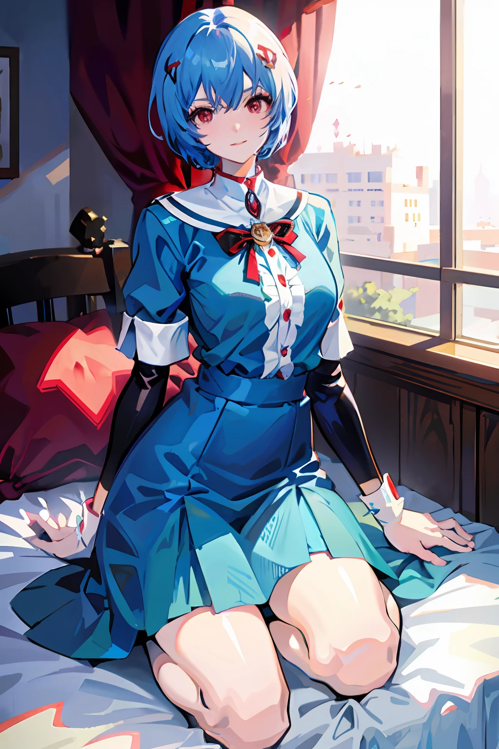 Anime girl with short blue hair, Big red eyes, ssmile