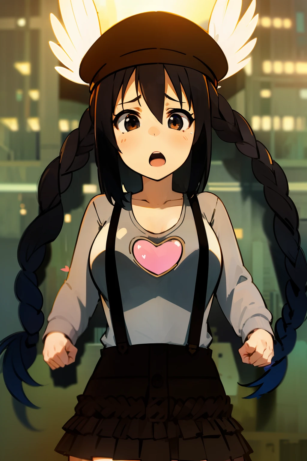 1girl, (((masterpiece))), top-quality, top-quality, High Details, nakano azusa, 1girl, Twin-tailed, length hair, A dark-haired, brown-eyed, Gray T-shirt.suspenders.a black skirt.illustratio, comic strip, soothing tones, Subdued Color, Soft cinematic light, adobe lightroom, photolab, HDR, intricately and hyper-detailed、(((depth of fields))))。(((masterpiece)))。(((top-quality))).)((ultra-detailliert)))。(((illustratio)))。(((takeout))).dynamic focus.big breasts.(((Skyscrapers))).(((A city scape))).(((Face of sadness))). open mouth.(((fighting stance))).(((up chest))).((evening glow)).((the setting sun)).(((Heart on chest))).Feathered hat