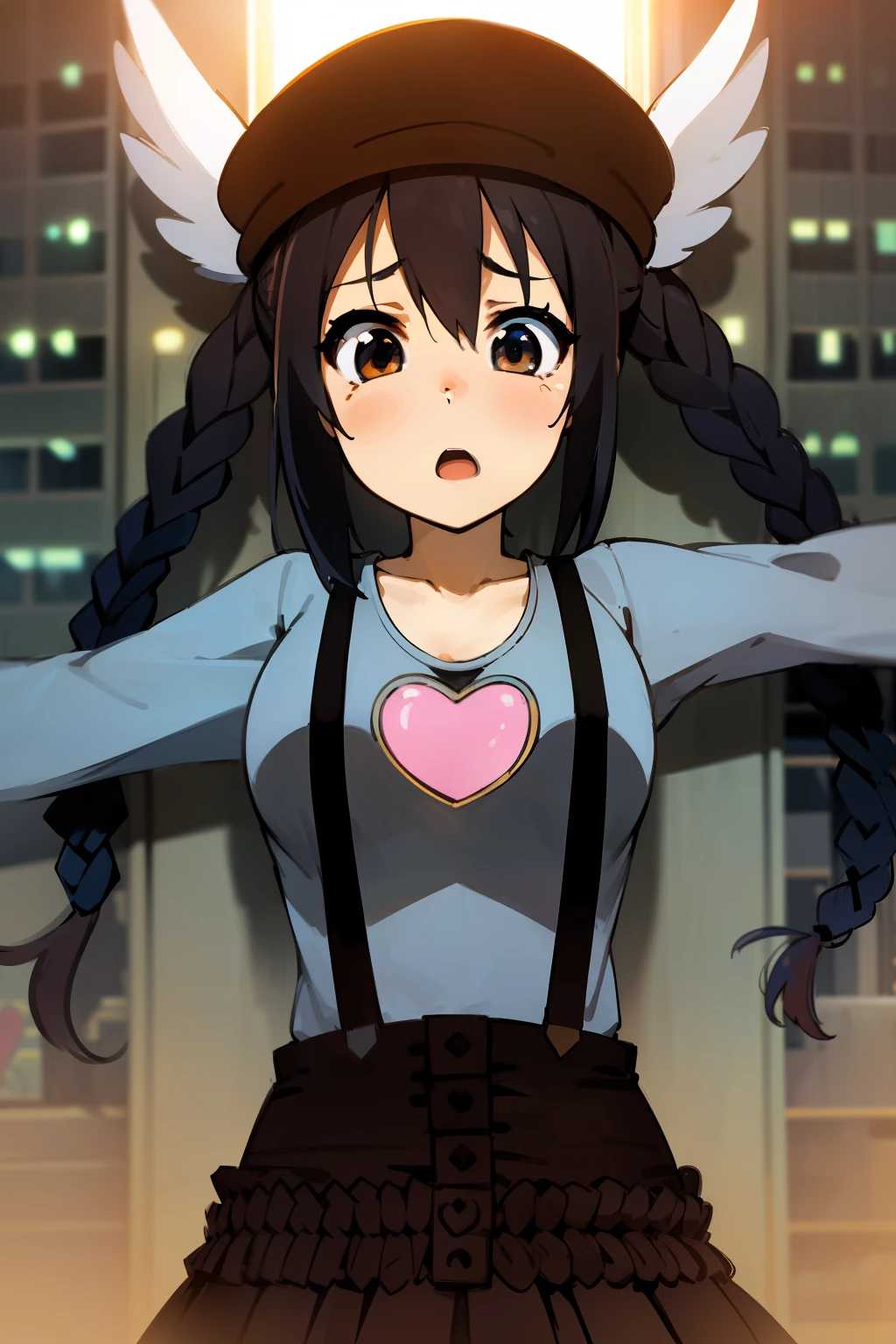 1girl, (((masterpiece))), top-quality, top-quality, High Details, nakano azusa, 1girl, Twin-tailed, length hair, A dark-haired, brown-eyed, Gray T-shirt.suspenders.a black skirt.illustratio, comic strip, soothing tones, Subdued Color, Soft cinematic light, adobe lightroom, photolab, HDR, intricately and hyper-detailed、(((depth of fields))))。(((masterpiece)))。(((top-quality))).)((ultra-detailliert)))。(((illustratio)))。(((takeout))).dynamic focus.big breasts.(((Skyscrapers))).(((A city scape))).(((Face of sadness))). open mouth.(((fighting stance))).(((up chest))).((evening glow)).((the setting sun)).(((Heart on chest))).Feathered hat