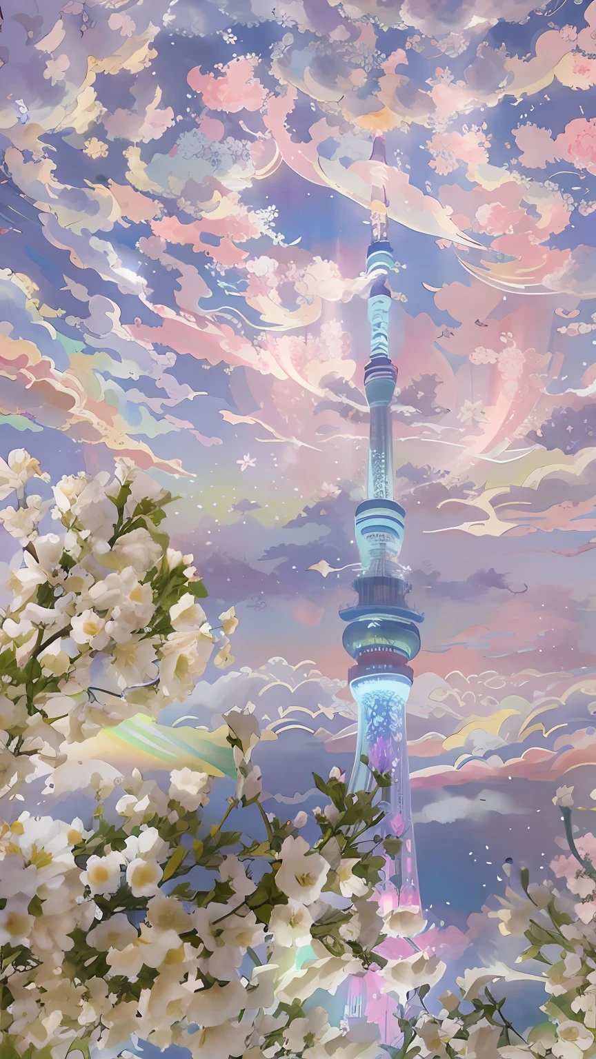 Alafid Tower with sky background and view of flowers, japan tokyo skytree, beautiful painting of a tall, anime beautiful peace scene, dreamy psychedelic anime, the flower tower, inspired by Matsuno Chikanobu, daytime ethereal anime, heavenly colors, tokyo background, japanese fantasy, tokio futuristic in background, beautiful anime scenes