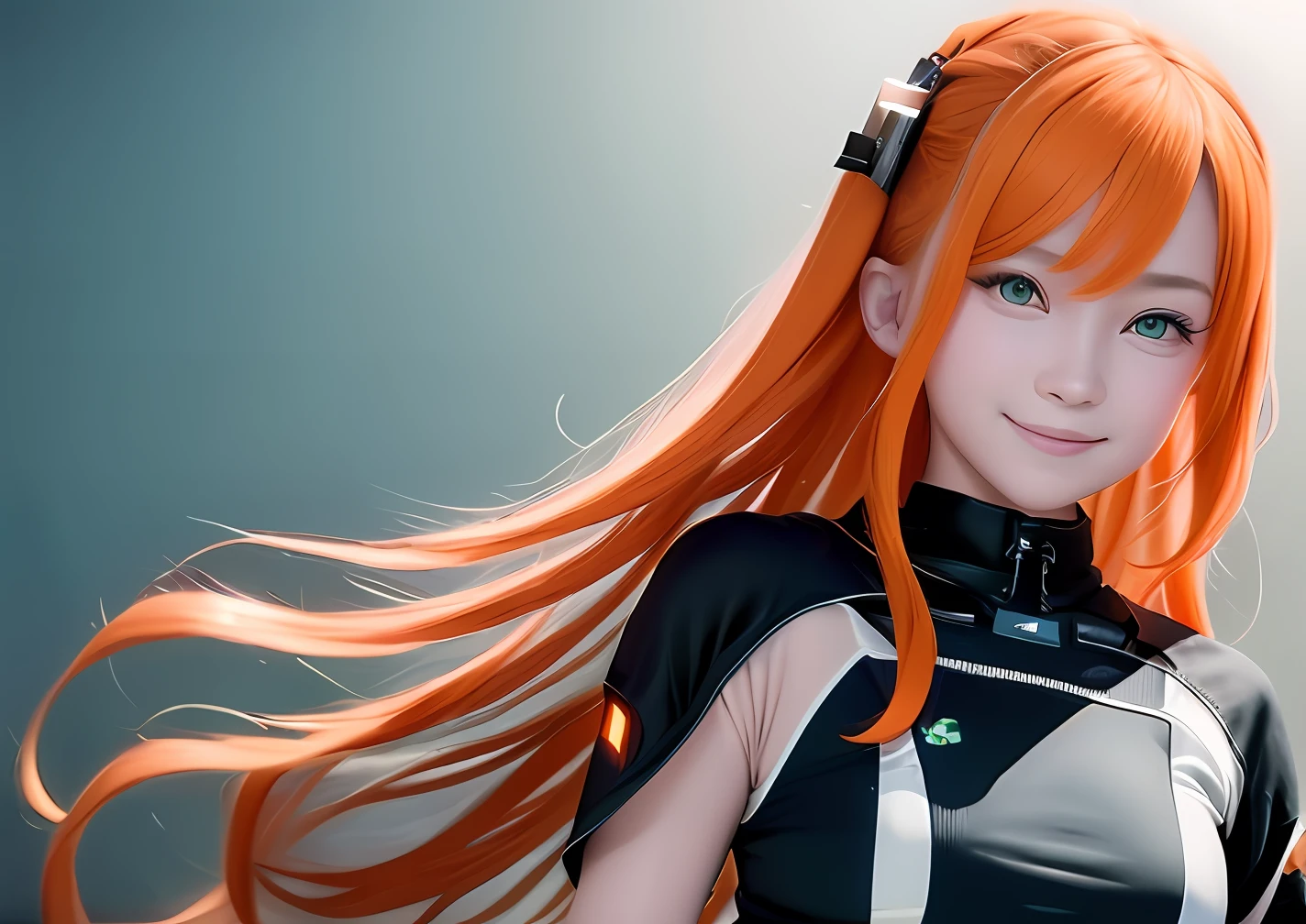 A high resolution, Masterpiece, Best quality, 1girll, Simple background, Game CG, Ultra detailed, Cinematic lighting, High contrast, Sharpen, arknight, Orange hair, Pixel fan box, Skinny, Floating hair, Tall, Detailed clothes, Smile, Aqua Eye