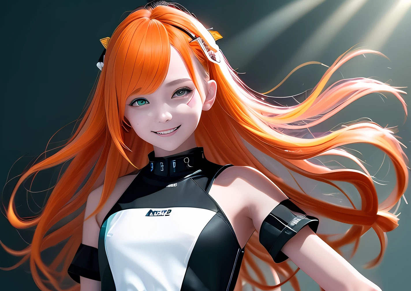 A high resolution, Masterpiece, Best quality, 1girll, Simple background, Game CG, Ultra detailed, Cinematic lighting, High contrast, Sharpen, arknight, Orange hair, Pixel fan box, Skinny, Floating hair, Tall, Detailed clothes, Smile, Aqua Eye