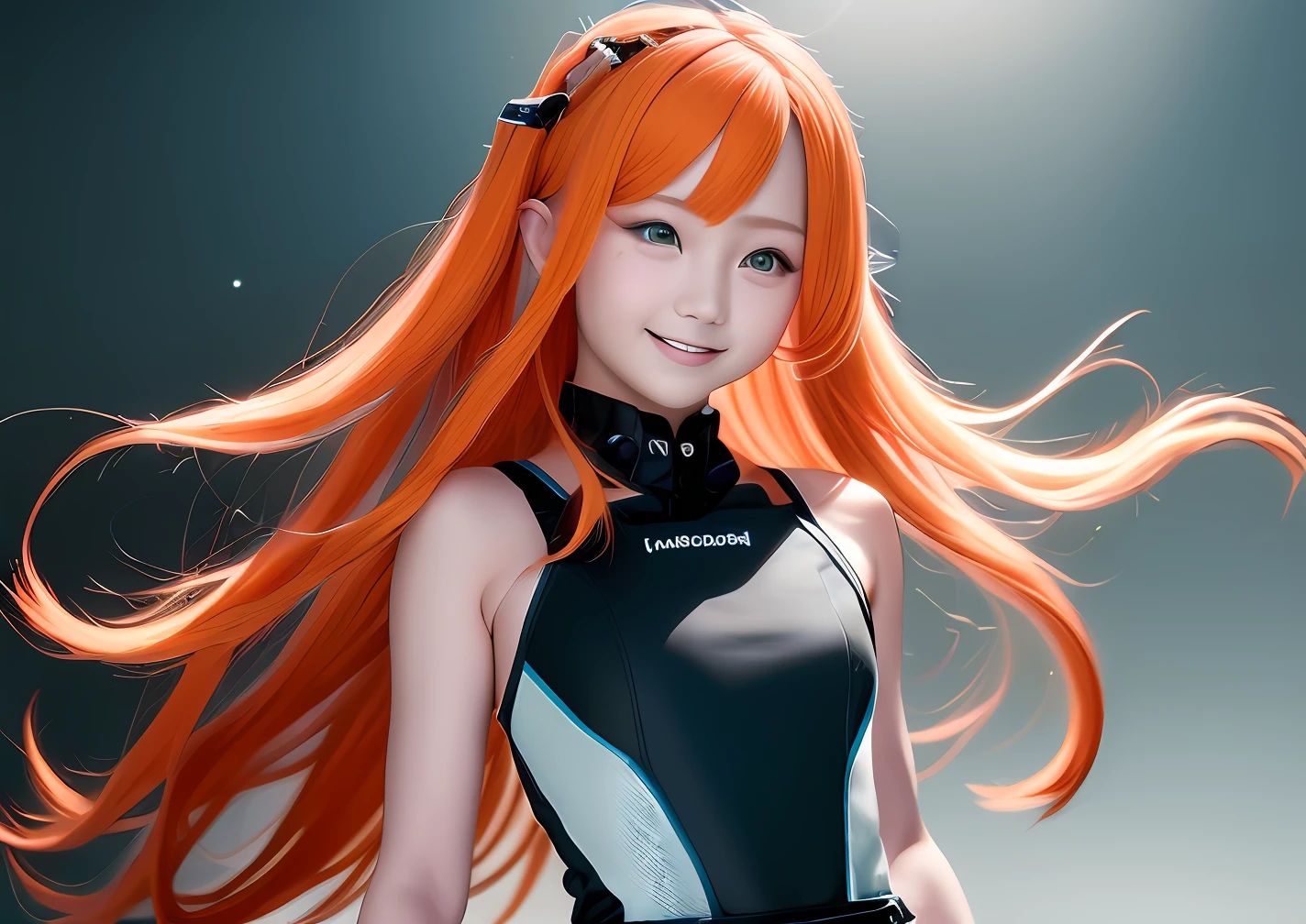 A high resolution, Masterpiece, Best quality, 1girll, Simple background, Game CG, Ultra detailed, Cinematic lighting, High contrast, Sharpen, arknight, Orange hair, Pixel fan box, Skinny, Floating hair, Tall, Detailed clothes, Smile, Aqua Eye