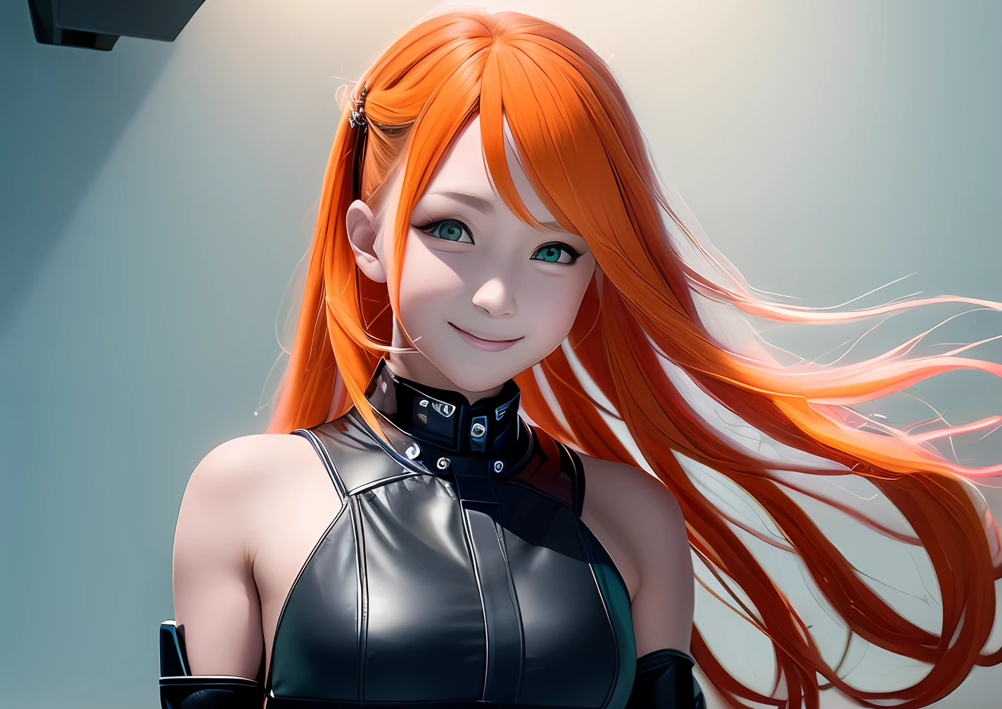 A high resolution, Masterpiece, Best quality, 1girll, Simple background, Game CG, Ultra detailed, Cinematic lighting, High contrast, Sharpen, arknight, Orange hair, Pixel fan box, Skinny, Floating hair, Tall, Detailed clothes, Smile, Aqua Eye