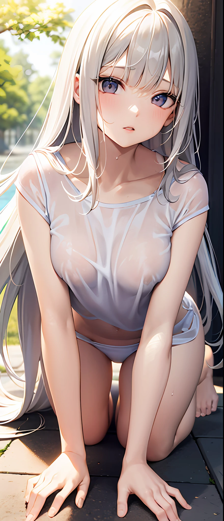 best quality,masterpiece,Fair skin,blunt bangs,gladient hair,look down on,extremely long hair,spreading hair,ivory hair,wet,1 girl ,hugging,hair strand,Fair skin,blunt bangs,small breasts,gladient hair,slender body,camel toe,wet,spread regs,curl lip,lie on the floor,white shirt,panty,on all fours