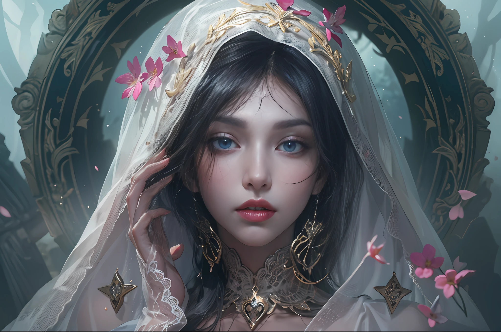 official art, unity 8k wallpaper, ultra detailed, beautiful and aesthetic, beautiful, masterpiece, best quality, Dark, atmospheric, mystery, romanticism, macabre, literature, art, fashion, Victorian, ornamental, intricate, ironwork, lace, brooding, emotional depth, supernatural, (ultra Detailed scene) , (masterpiece) , pretty girl , white thin robe , thick leg , shaped body , shaped face , Both_of_eyes_are_same , blue eyes , full body close up , putting hand like pray while standing , dark pink lips , shaped nose and ears , black straight hair , silver crown , wind blowing through the hair, thousand pink blossom twirling her like storm , ruined pray stone with rune and symble on it , has old rune as black tattoo on her neck to arm , mist under her feet , 100 mini light balls around her , (high detailed face), (ultra pretty face) , black eyebrow , long white robe , dark scene , dark fantasy art style , magic ,light ball