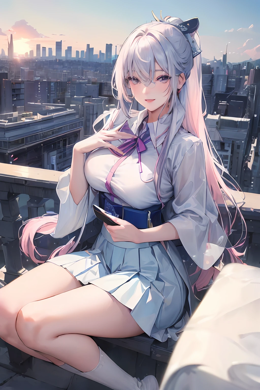 official art, masterpiece, sharp focus, (beautiful gorgeous cute Korean woman:1.3), (beautiful cute korean:1.3), korean beauty, Delicate and beautiful hair and eyes and face, realistic, ultra detailed, beautiful girl, blue sky, glow white particle, (sidelighting:1.2), sun light, white cloud, detailed clouds, slender, Lovely very large breasts and very large hips, smile with teeth, ((smile with eyes, open both eyes)), scenery, long straight hair, sexy facial expression, building, (cityscape:1.7), dynamic hair, long straight hair, detailed platinum pink hair, glow blue eyes, (blue pleated shirts + white skirt), white long socks, pale skin, hair ornament, epic scenery,