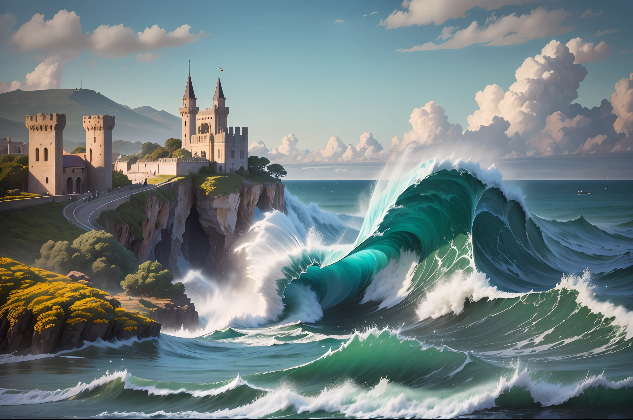 RAW photo, best, masterpiece, best quality, high quality, extremely detailed,"a pumice island in the bay of Baiae", covered with blue moss and flowers, ancient palaces and towers, raging sea with big waves, inspired by Ode to the West Wind
BY PERCY BYSHELLEY