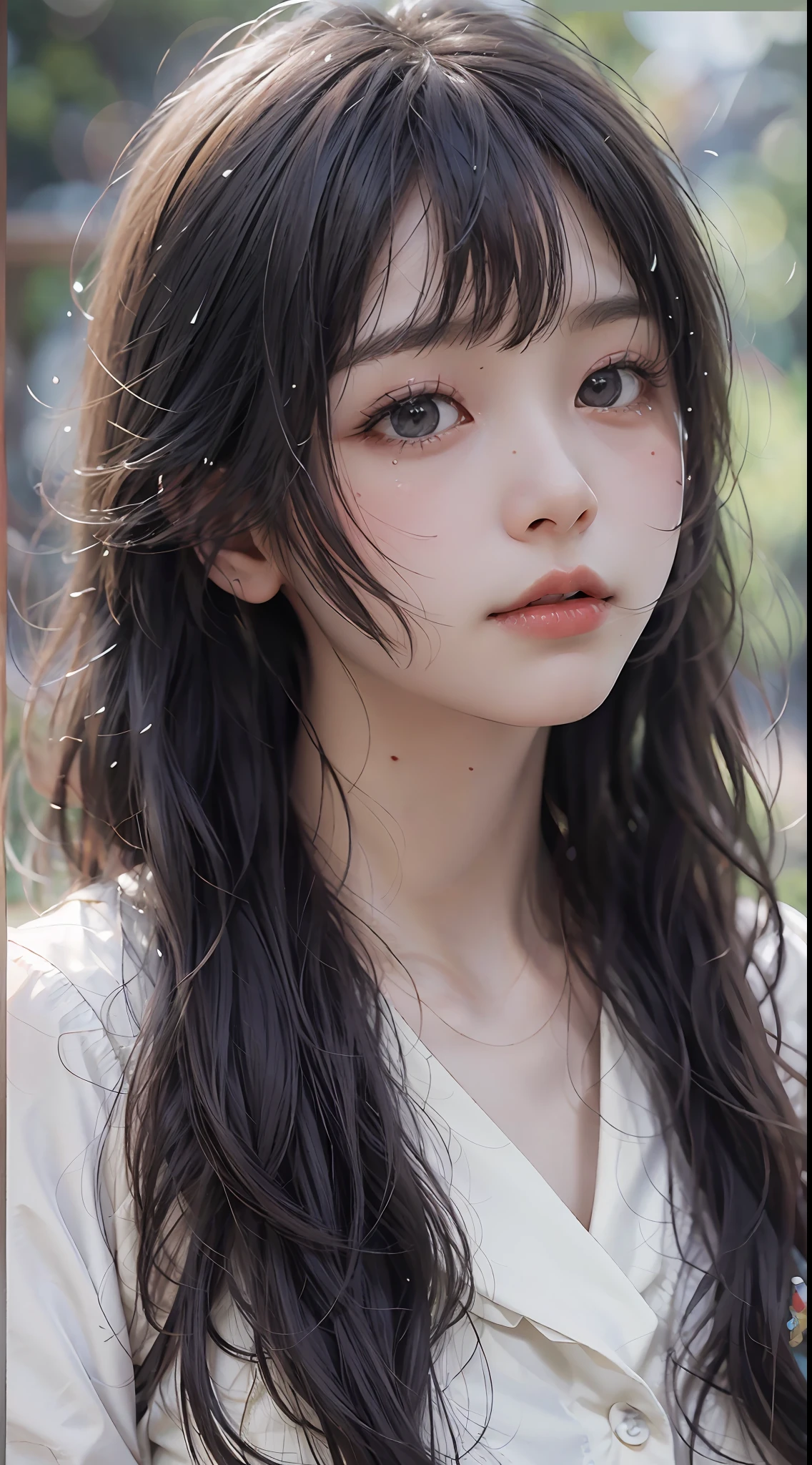 Highest image quality、Masterpiece level、Ultra-high sharpness、Fidelity 1.4，photoshoot，A girl appears[（grieves）]， a asian beauty， Korea， Super beautiful， Beautiful skins， Slim， body facing the front， （Ultra photo realsisim）， （A high resolution）， （8K），, ssmile,short detailed hair，Black shawl straight hair，46 points oblique bangs，High-definition detail、Hyper-detailing、cinematic ligh、ultra-realistic realism、Soft light、Deep field focus bokeh、with short black hair，White skin，famousartwork，s the perfect face，beauitful face，beautidful eyes，（（Perfect female body）），In a white blouse shirt，The shirt,pleatedskirt,In a white blouse shirt，The scene is dim、darkly，Present despair、pitying、Feeling of pity，Squat on the ground。Like a movie，With tears，There are tears on the face。There are tears on the clothes（Weight 1.5），drenched clothes（Weight 1.4）and bare shoulders。It's really raining，The hair is soaked。