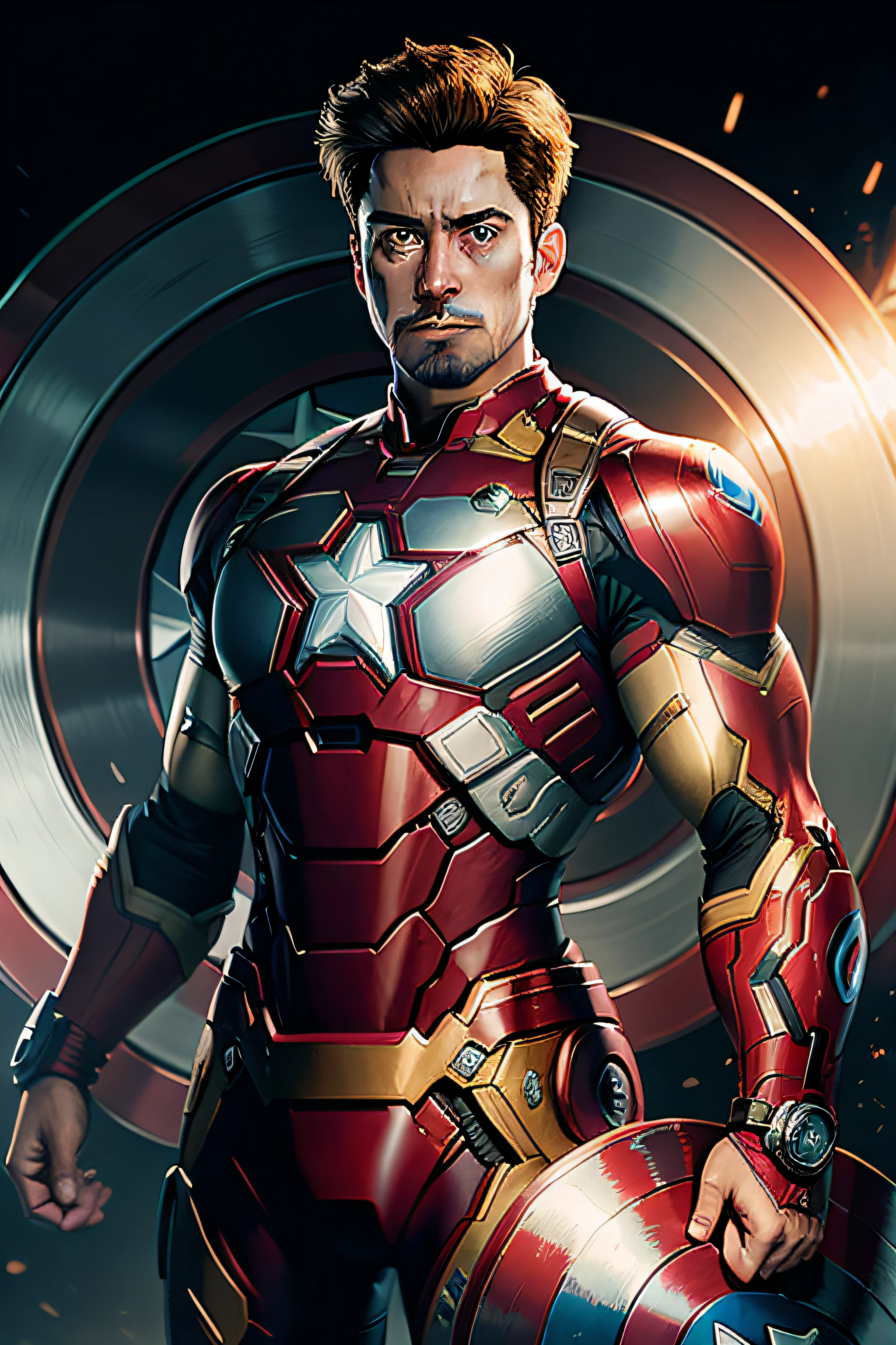 Iron Man's body,Captain America's face,Holding the American team shield