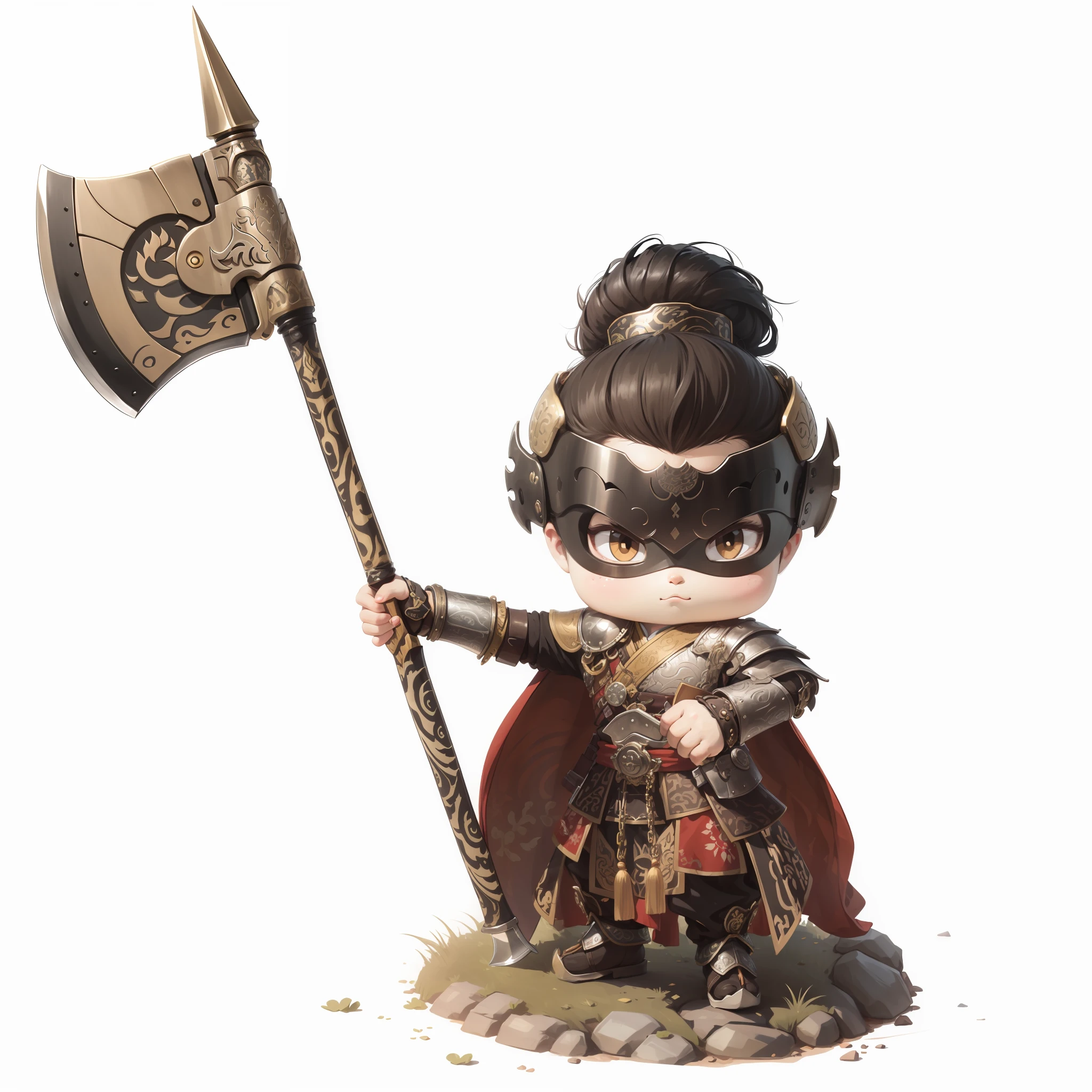 male people,Male characters,tchibi,Bad,Arms,Axe weapons,Ancient Chinese weapons,The handle has a delicate pattern,Shoulder blades,metal breastplate,chainmail,Animal pattern cuirass,chest plate,Bracers,Flowing hem,China-style,Chinese-style clothing,Chinese shoes,There are beautiful patterns on the weapon grips,ultra-realistic realism,anaglyph,stereograms,Fine painting,Refinement,infinite details,high definition detail,Patterned,Pattern,Blank background,Bright colors,Metal edging