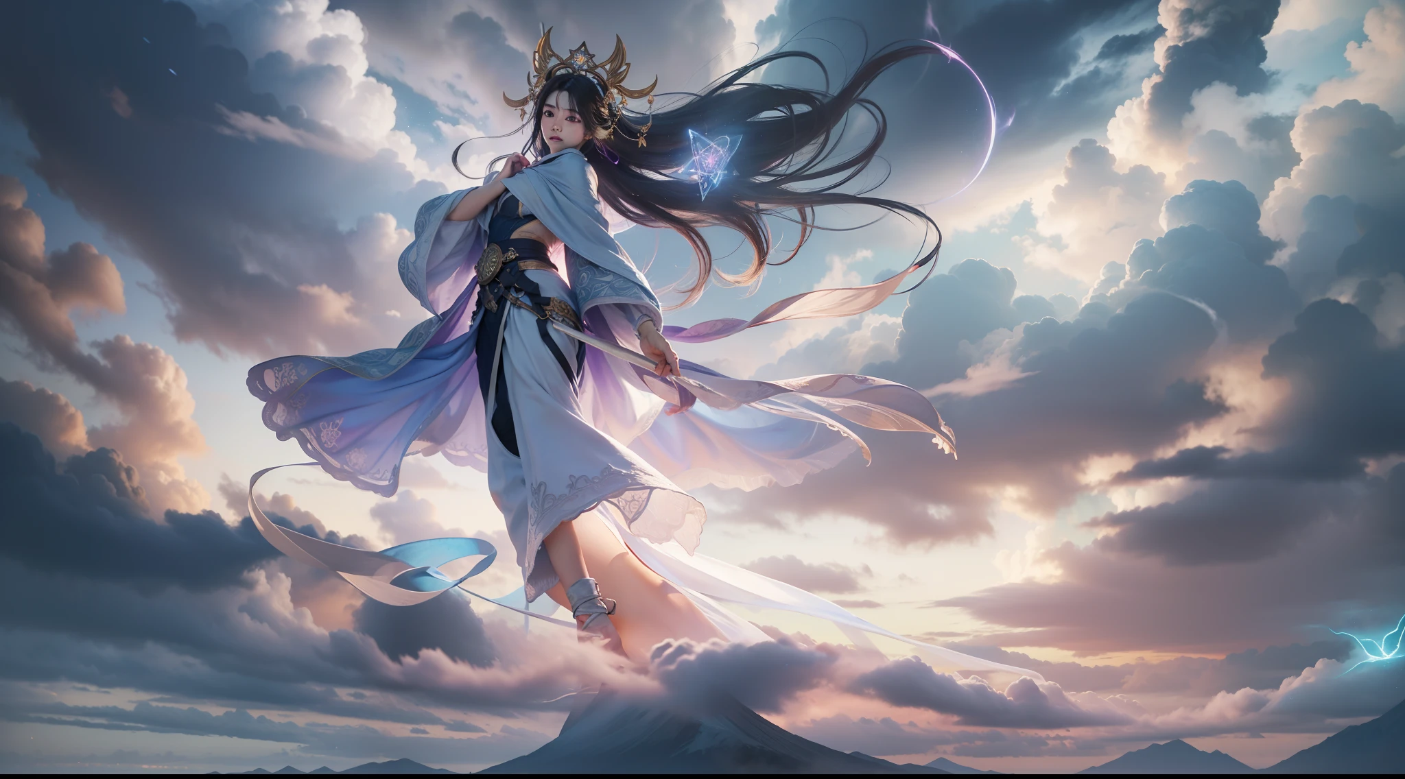 Above the rising clouds,Night, Dark, (Fantasy),infinite,deep blue sky,The abyss of knowledge,Cowledge,((masutepiece)), (((Best Quality))),((Beautiful fine eyes)),(Eye lashes)、Realistic clouds、Very beautiful face、The ultra -The high-definition、high fantasy castle、Beautiful girl with a huge golem、(1人)、Black hair、The long-haired、abyss eyes、glowy skin、oils、small tits、Perfect human body structure、Wizard robes、der riese、tattered cloth、Realistic coat、Tee、Super delicate CG Unity 32k wallpaper、photoRealstic、masterpiece, ((ultra-detailliert)), ((illustratio)),colourfull,wall-paper,The energy,Unknown terror,Incomprehensible,Around the magic,Magical surroundings,magic wands,Boken,Flying pages,Know everything,Predict the future、Get to know the past、Infinite wisdom、blue flames、Warlock、magic circles、Pentagram、Spells、mantra、Singing magic