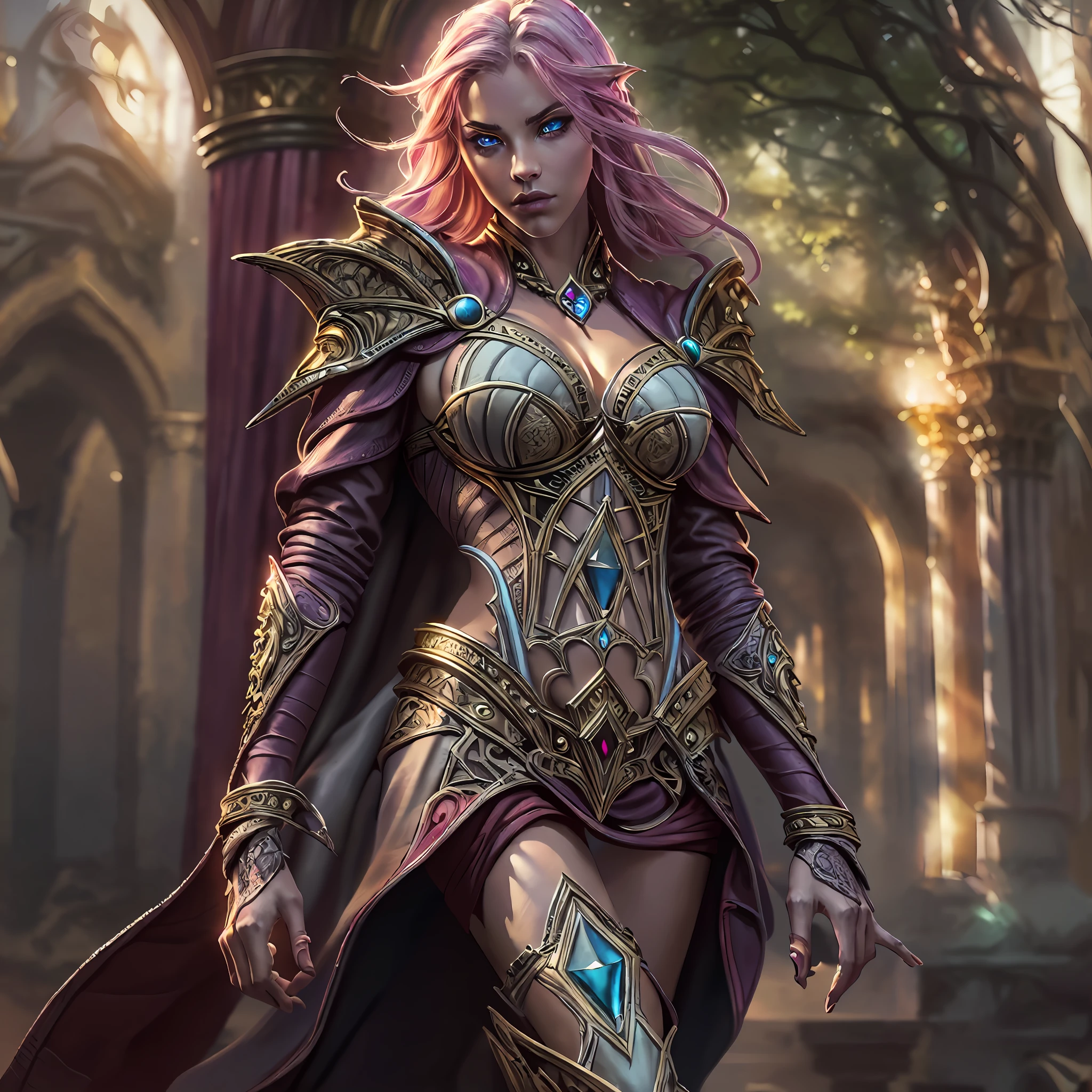 high details, best quality, 8k, [ultra detailed], masterpiece, best quality, (extremely detailed), dynamic angle, ultra wide shot, RAW, photorealistic, fantasy art, dnd art, rpg art, realistic art, a wide angle picture of an epic female elf, arcane warrior, warrior of magic, fighter of the arcana, full body, [[anatomically correct]] full body (1.5 intricate details, Masterpiece, best quality) casting a spell (1.5 intricate details, Masterpiece, best quality), casting an epic spell, [colorful magical sigils in the air],[ colorful arcane markings floating] (1.6 intricate details, Masterpiece, best quality) holding an [epic magical sword] (1.5 intricate details, Masterpiece, best quality) holding epic [magical sword glowing in red light] (1.5 intricate details, Masterpiece, best quality). in fantasy urban street (1.5 intricate details, Masterpiece, best quality), a female beautiful epic elf wearing elven leather armor (1.4 intricate details, Masterpiece, best quality), high heeled leather boots, ultra detailed face,  thick hair, long hair, dynamic hair, fair skin intense eyes, fantasy city background (intense details), sun light, backlight, depth of field (1.4 intricate details, Masterpiece, best quality), dynamic angle, (1.4 intricate details, Masterpiece, best quality) 3D rendering, high details, best quality, highres, ultra wide angle