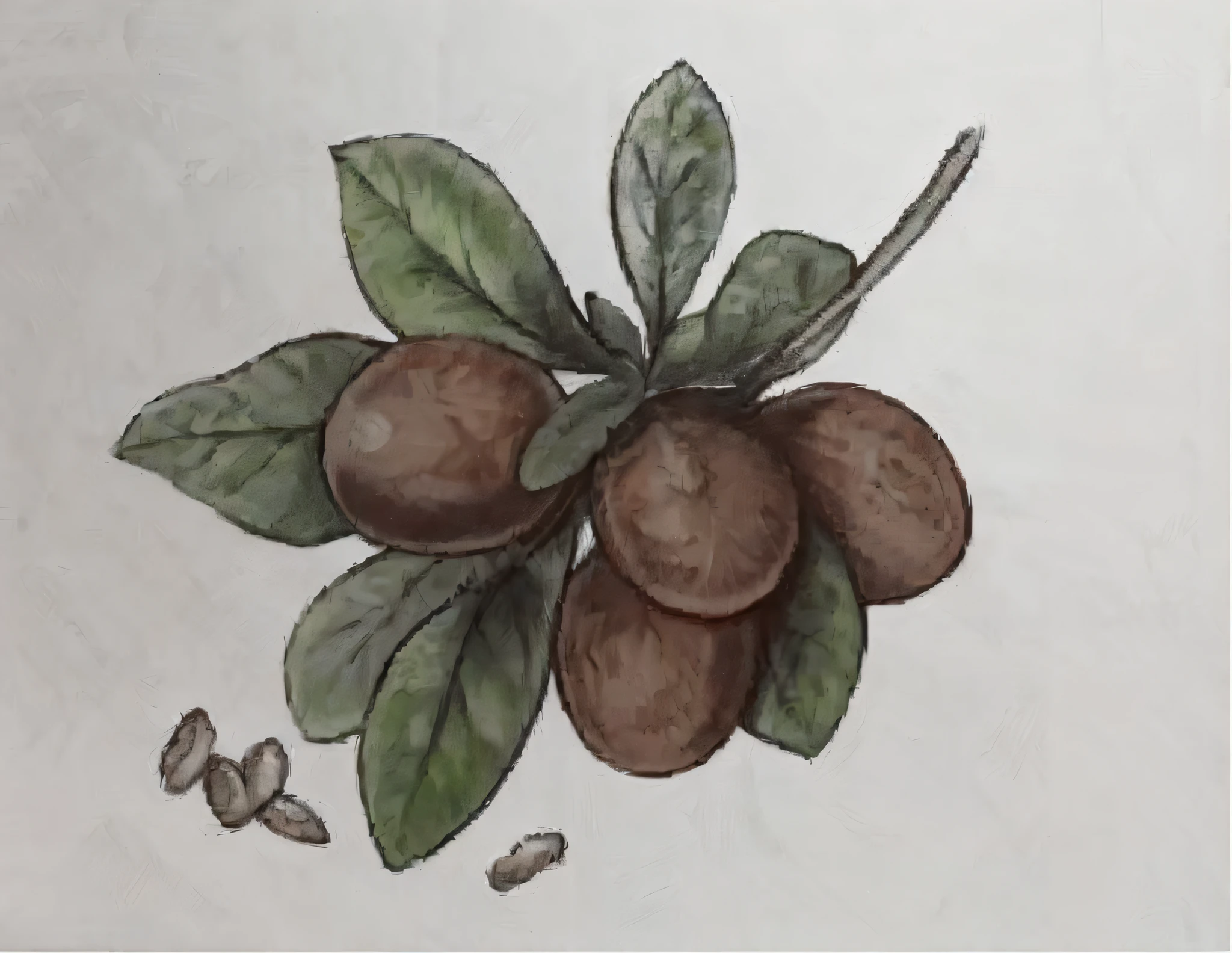 On the branch is a drawing of a bunch of tea seed oil fruits, finely detailed illustration, author：Ayako hexagon, botanical drawing, Botanical illustration, Shade of dark tan tone, colored pencil illustration, full color drawing, inspired by Kōno Bairei, inspired by Katsushika Ōi, high detail illustration, very flat shading, White background，botanical art, an illustration of，high qulity，high detal，closeup cleavage，