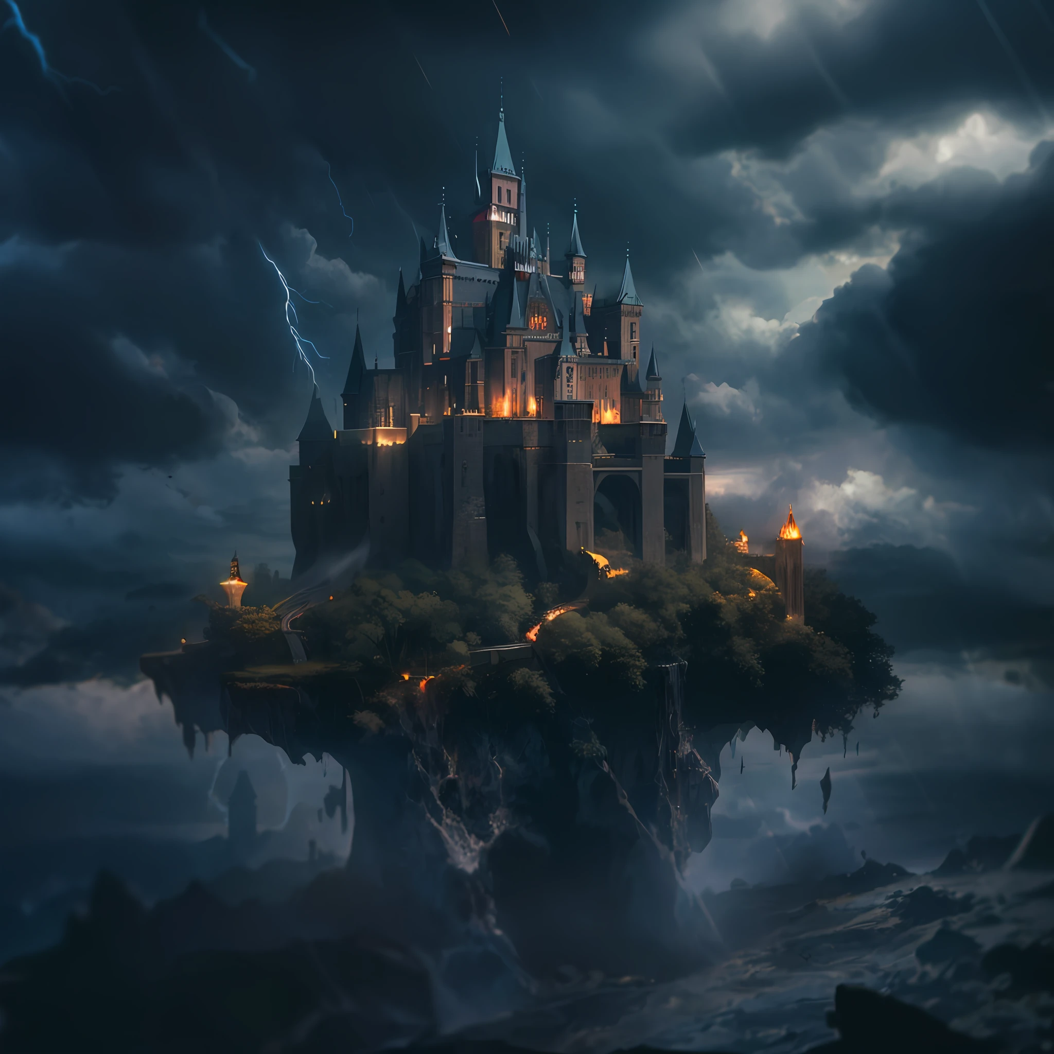 Continent floating in the sky with castle in thunderstorms, 666, Complex surface details and textures, Thunderbolts and lightning, dark vibrant colors, Color, Color contrast, elegant, Dark detached, Impeccable, Hyper Real, Ultra-fine skin, hyper qualit, cinematic Film still from, 16k, Conceptual contrast, Natural lighting,