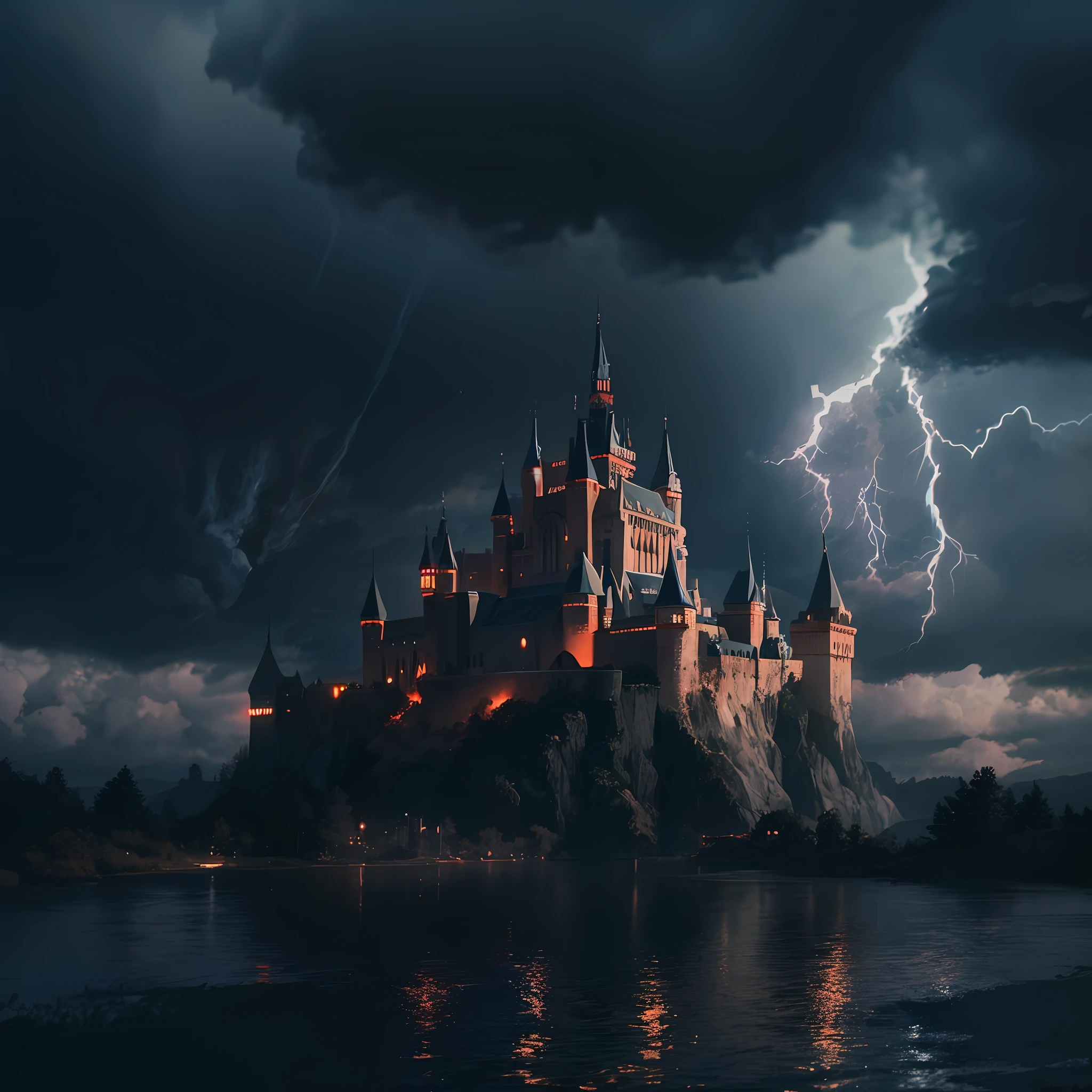 Continent floating in the sky with castle in thunderstorms, 666, Complex surface details and textures, Thunderbolts and lightning, dark vibrant colors, Color, Color contrast, elegant, Dark detached, Impeccable, Hyper Real, Ultra-fine skin, hyper qualit, cinematic Film still from, 16k, Conceptual contrast, Natural lighting,