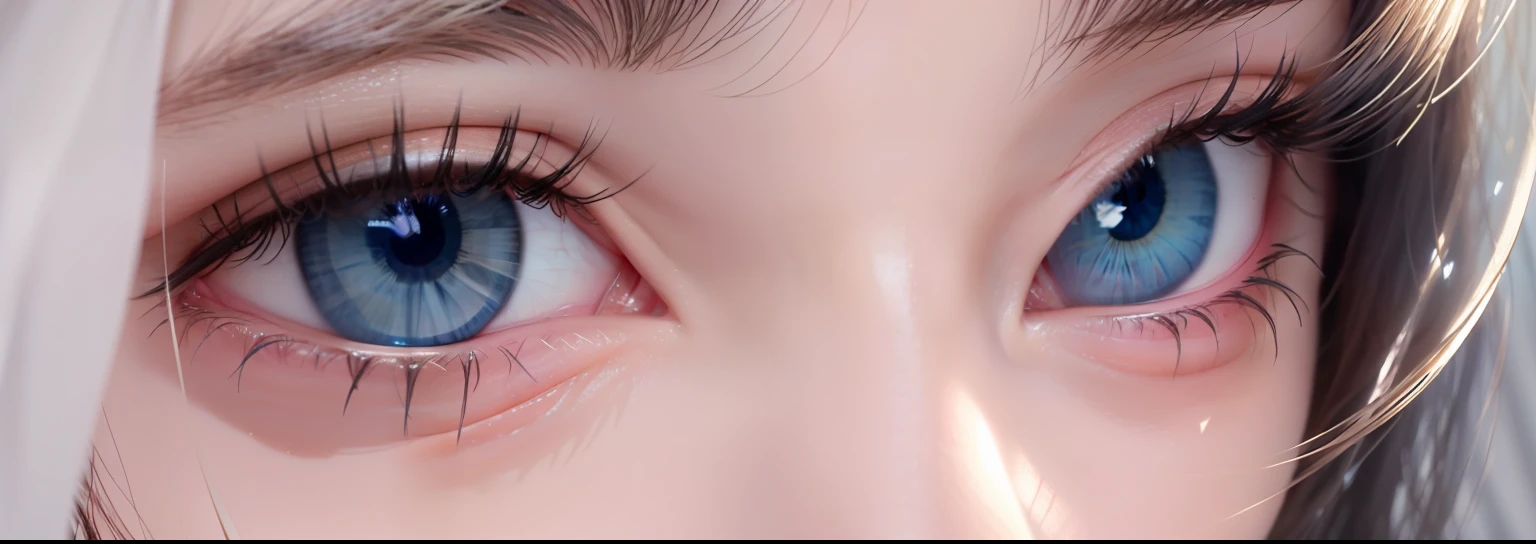 There is a close-up of a doll's eyes and blue eyes, [ 4 K photorealism ]!!, [ 4 K photorealism ]!!!, Realistic rendering of eyes, detailed body and eyes, Eyes with spotlights, Detailed anime soft face, [ 4 K photorealism ], Detailed pupils, anime big breast. Soft lighting, photorealistic eyes render, ultral detailed face and eyes
