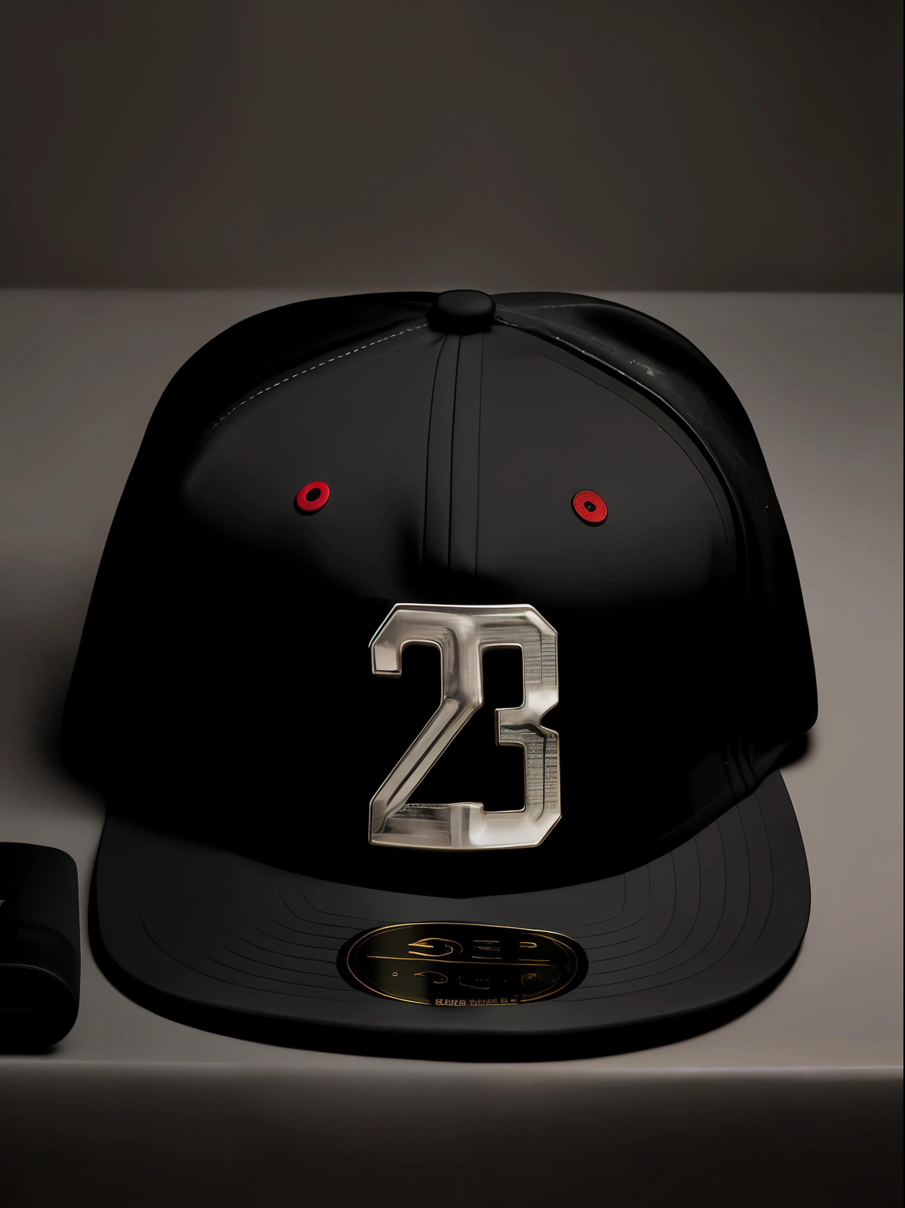 close up shot of a black cap with "23" number on it