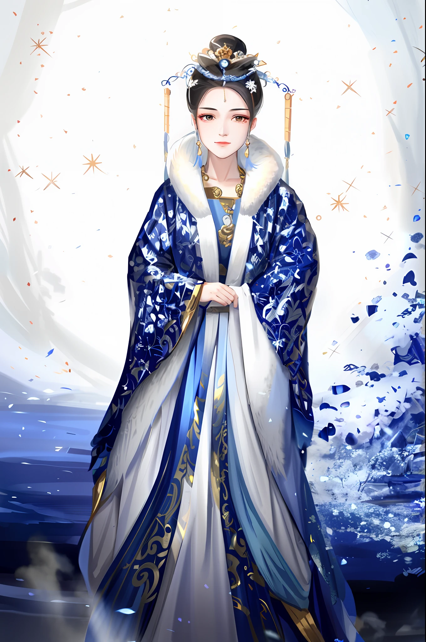 Alavid woman in blue and white dress and crown, full-body xianxia, Hanfu, Wearing a luxurious silk cloak, Palace ， A girl in Hanfu, high quality theatre costume, Princesa chinesa antiga, Chinese costume, ancient asian dynasty princess, with acient chinese clothes, queen of the sea mu yanling, Wearing ancient Chinese clothes