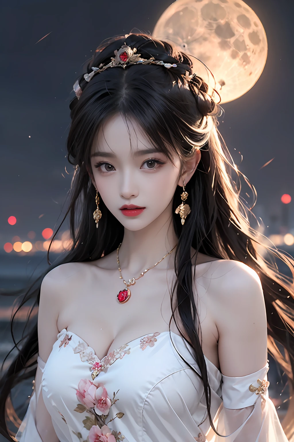 1 adult empress wearing a red lace top, deep-breasted nightgown, Chinese-style clothes, ancient costumes with many phoenix patterns, flawless pink and white face, crowned head, hip-length black hair , very beautiful and sharp brown eyes, small red lips, painted lips, closed mouth, jewelry worn around the neck, earrings, white and even teeth, high nose, big round breasts, the girl's body is covered with water on chest, long legs, thin mesh black socks, portrait, most realistic, highest quality, best pixels, 8k ultra , (clear super big moon background: 1.8)